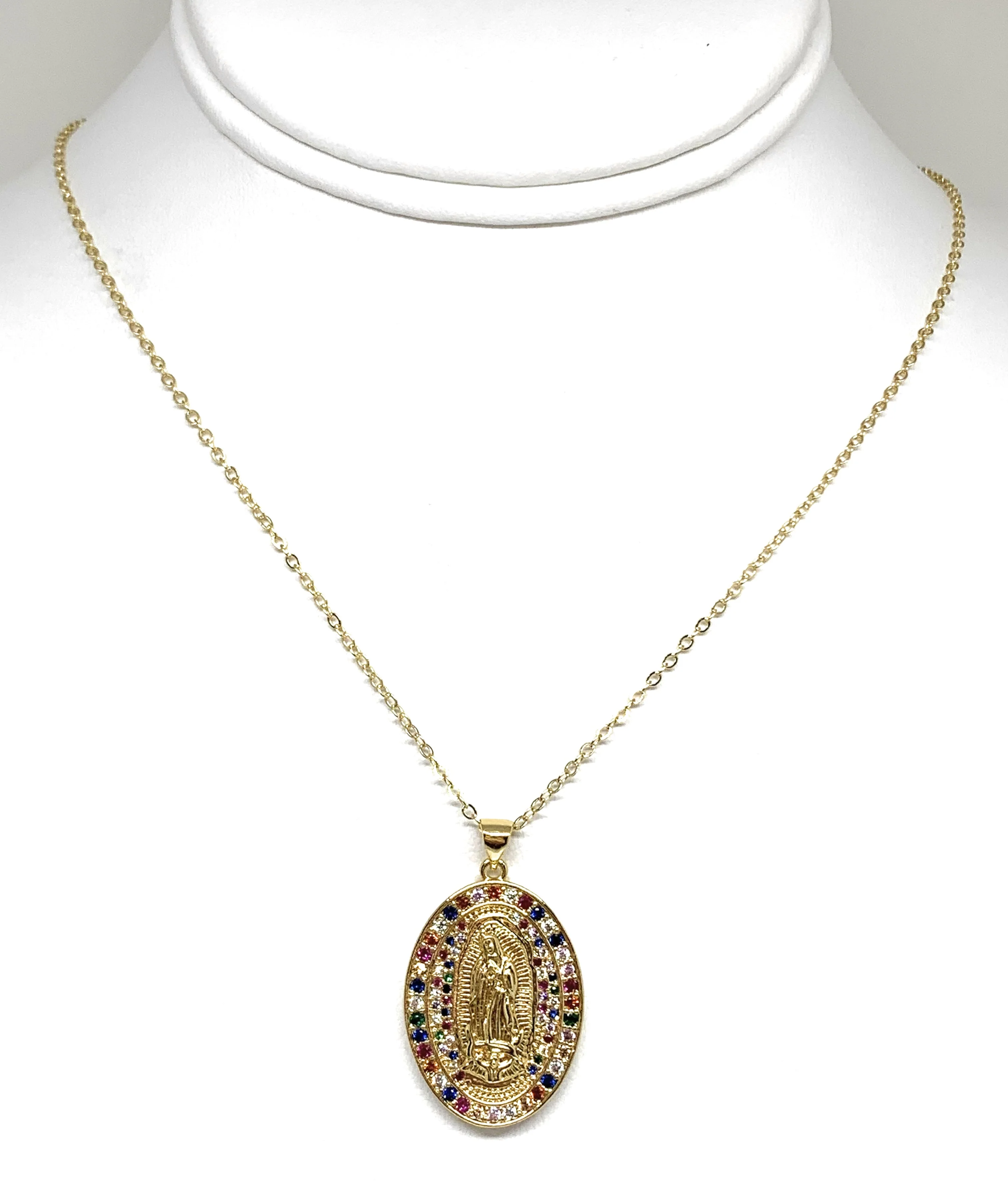Gold Plated Virgin Mary Oval Colorful Rhinestone Pendant Necklace 20” Virgen Guadalupe - Image 5