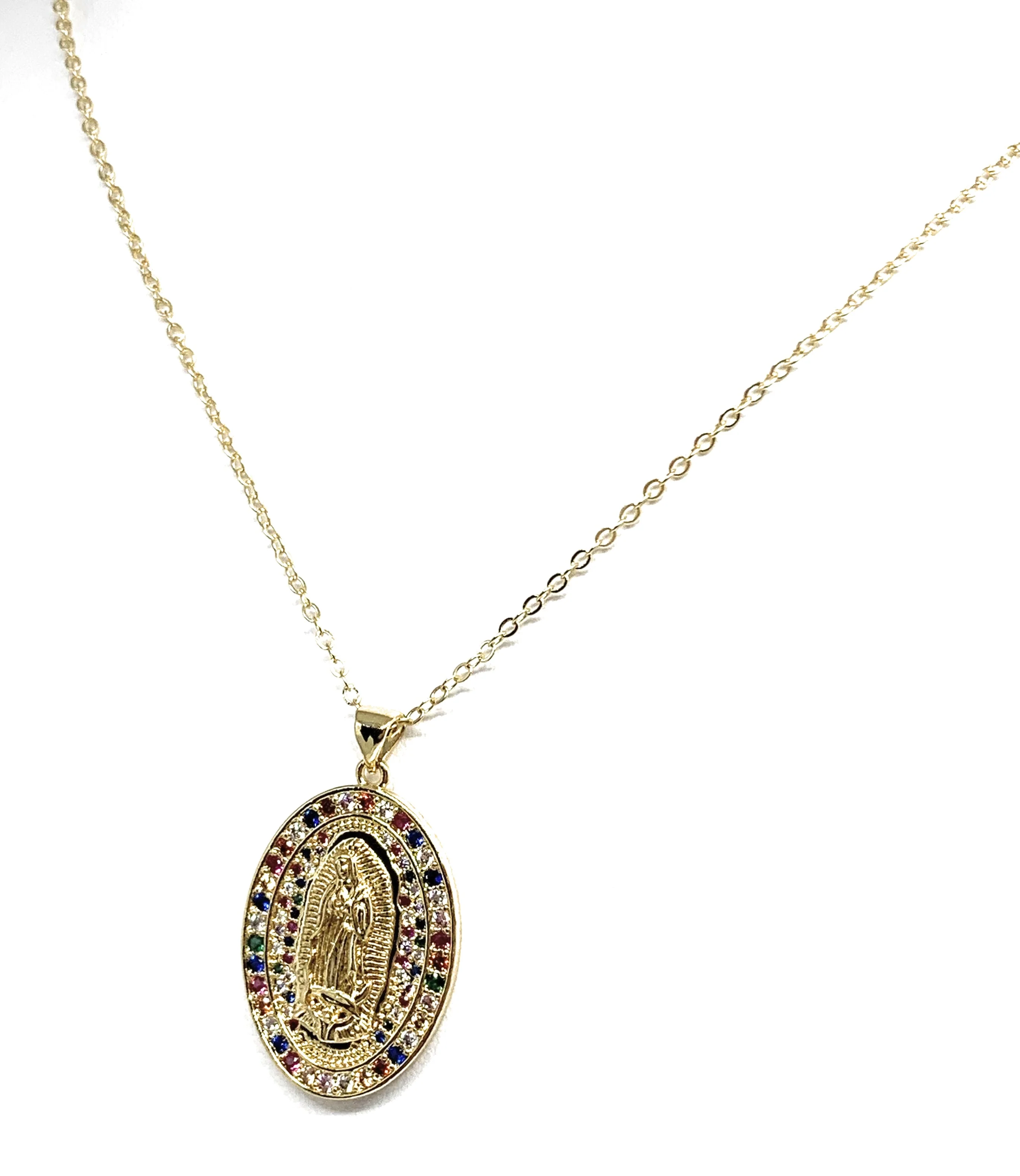 Gold Plated Virgin Mary Oval Colorful Rhinestone Pendant Necklace 20” Virgen Guadalupe - Image 6