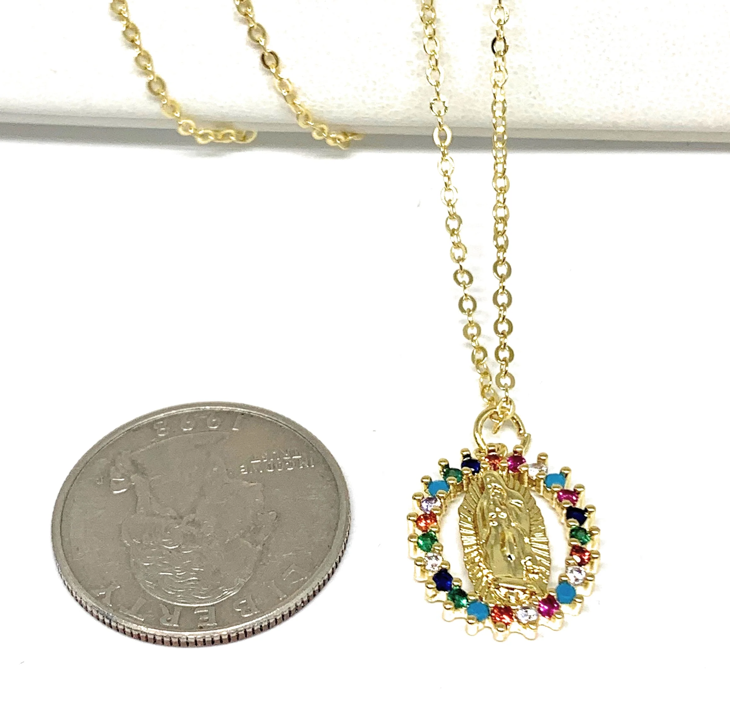 Gold Plated Virgin Mary Small Colorful Rhinestone Pendant Necklace 20” Virgen de Guadalupe - Image 2
