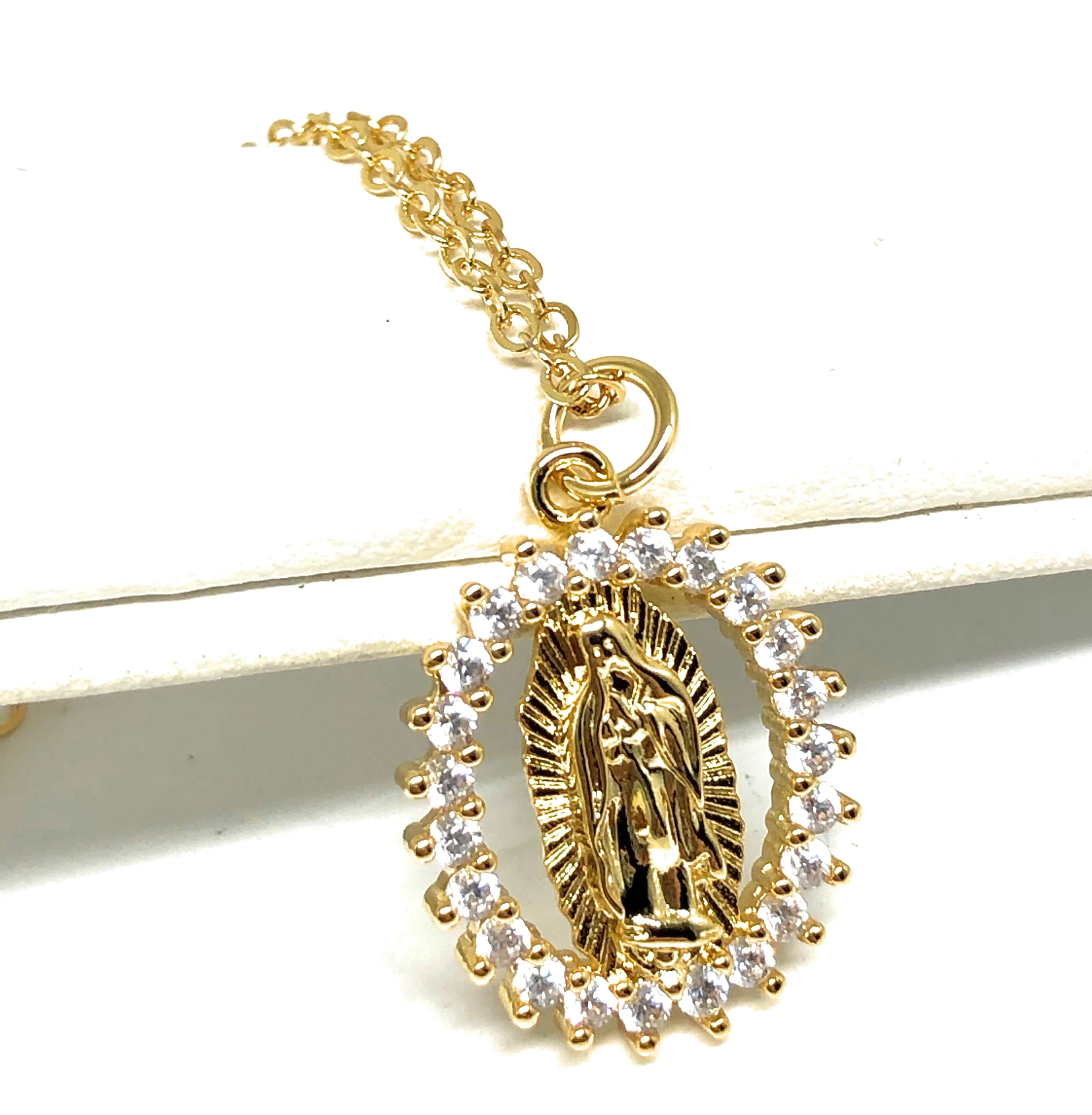 Gold Plated Virgin Mary Small Pendant Necklace CZ 20” Virgen de Guadalupe - Image 2