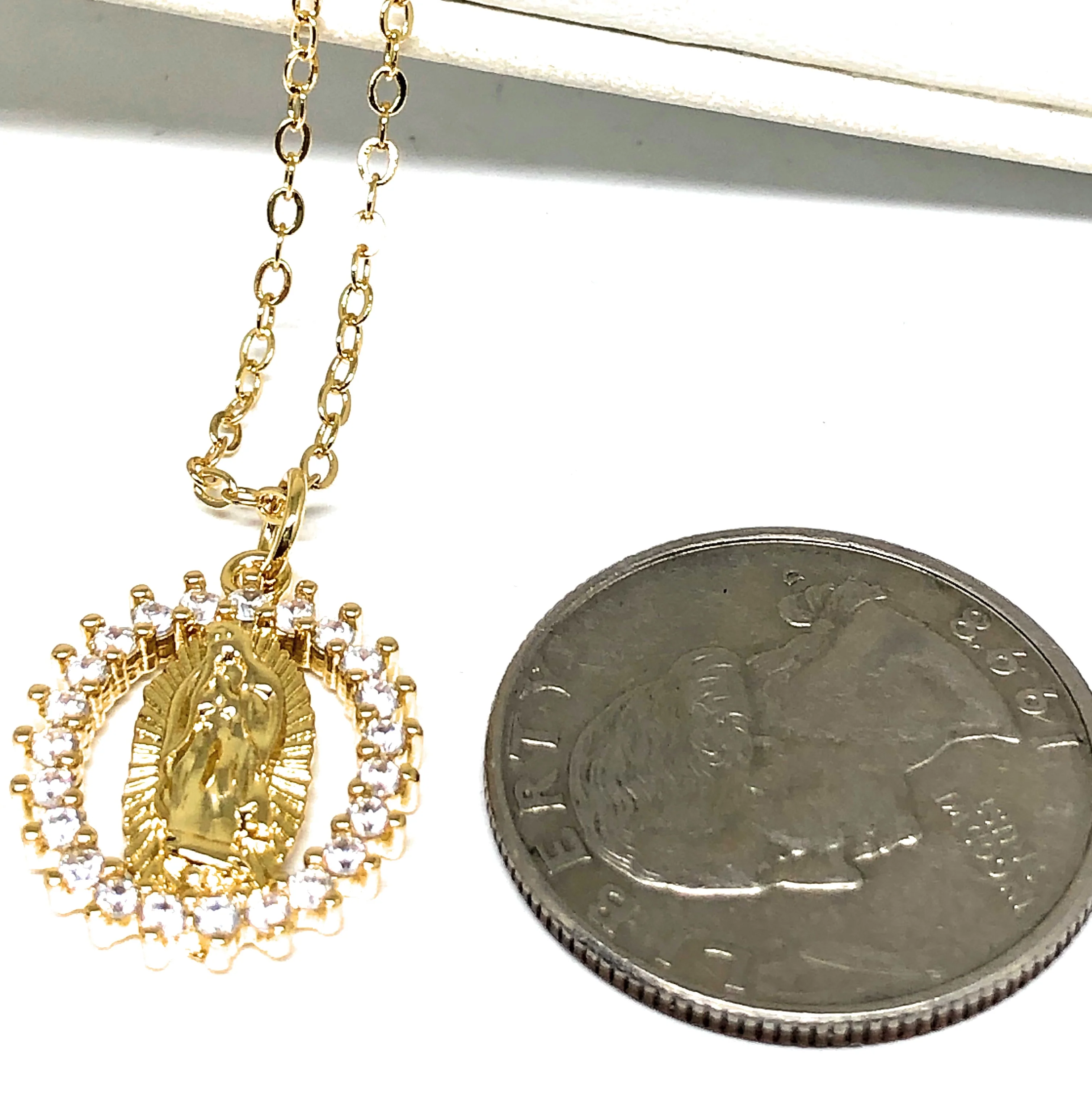Gold Plated Virgin Mary Small Pendant Necklace CZ 20” Virgen de Guadalupe - Image 3