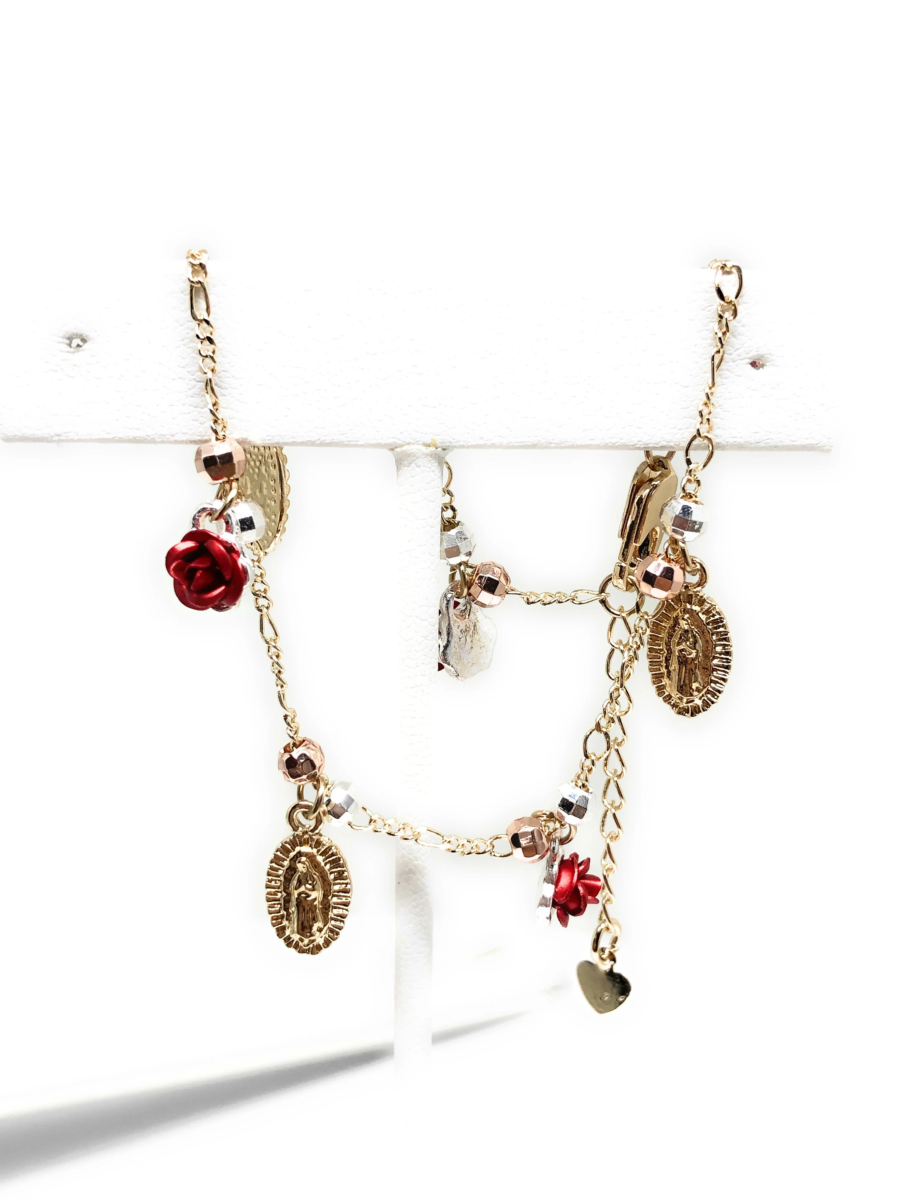 Gold Plated Virgin Mary Virgen Guadalupe Rose Tri-Color Bracelet 9” - Image 3
