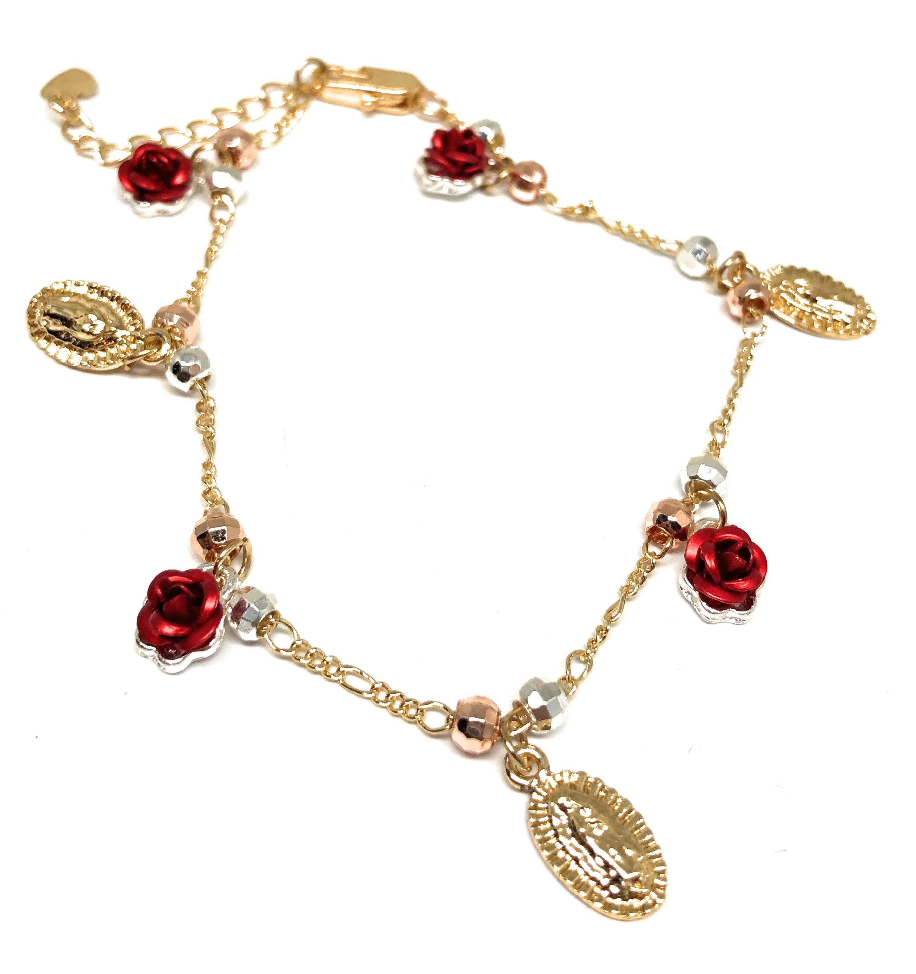 Gold Plated Virgin Mary Virgen Guadalupe Rose Tri-Color Bracelet 9” - Image 4