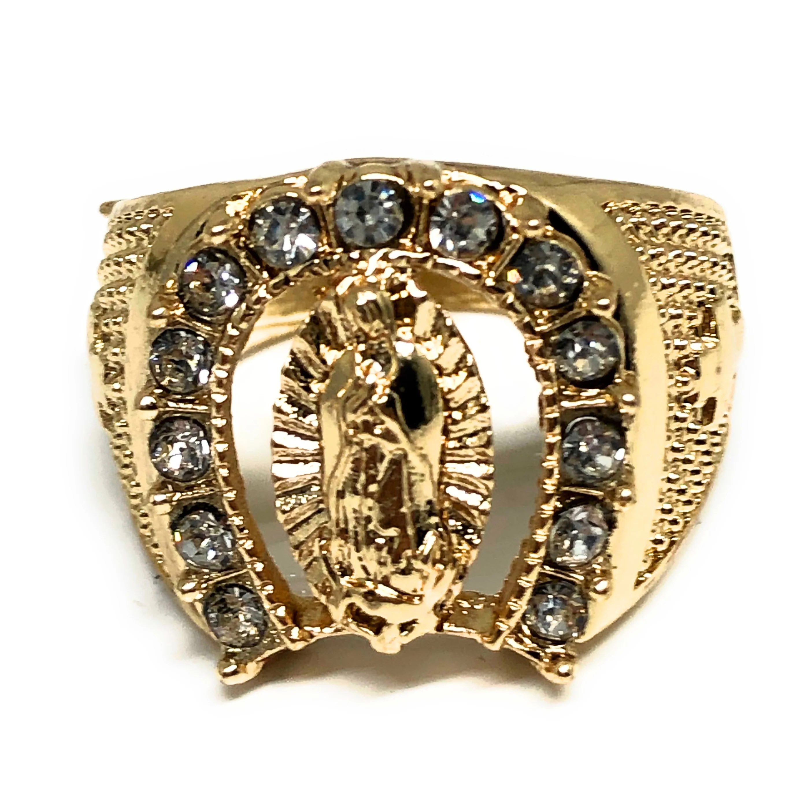 Gold Plated Virgin Mary White CZ Horseshoe Ring Virgen Guadalupe Anillo