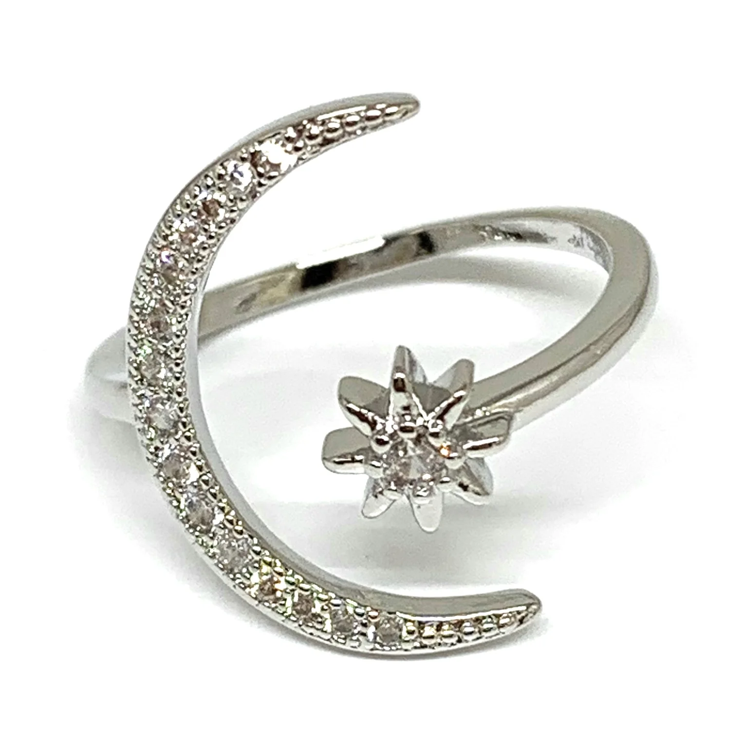 Gold Plated White Gold Moon & Star CZ Adjustable Ring Anillo