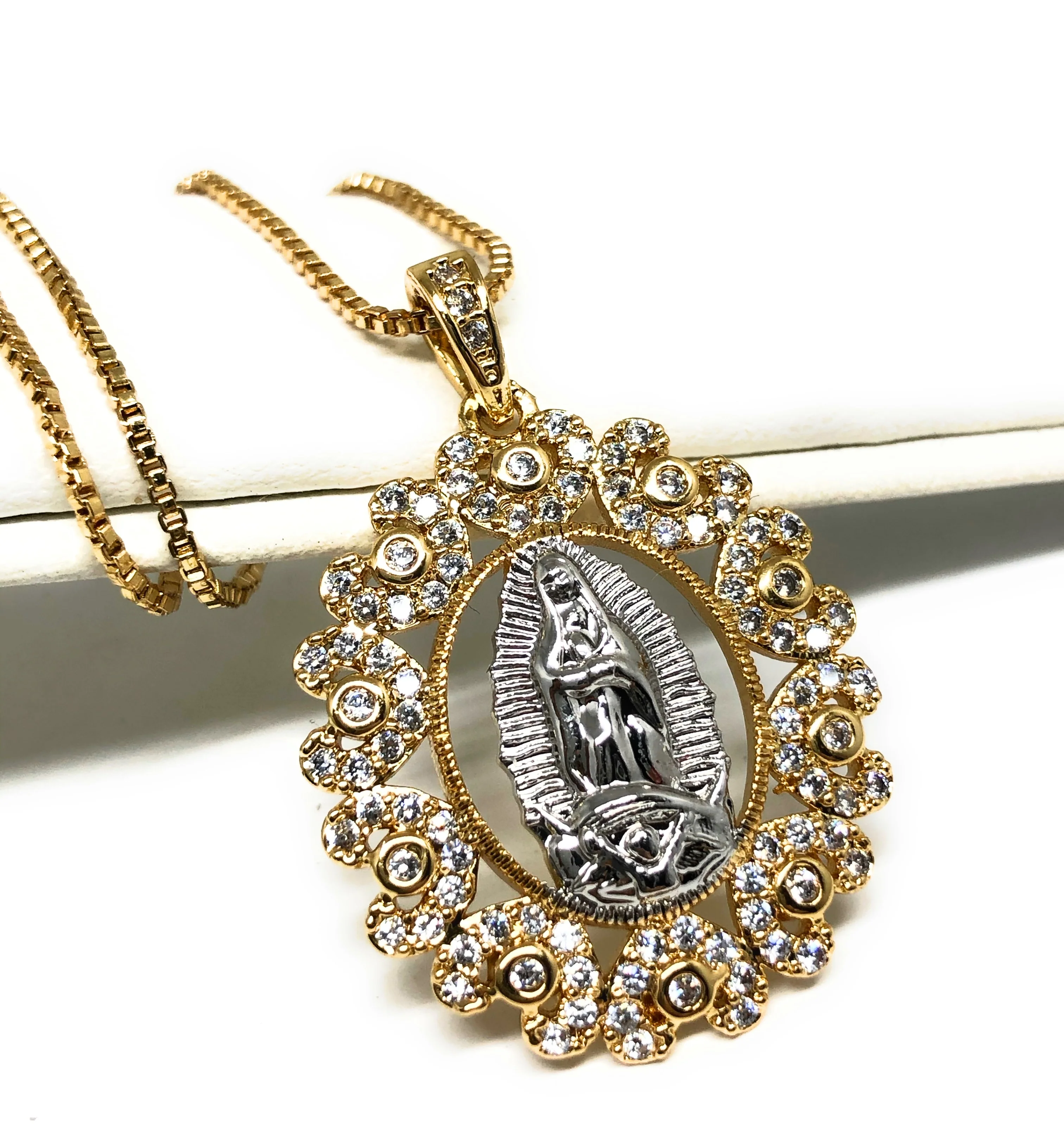 Gold Plated White Gold Virgin Mary Pendant Necklace CZ 20” Virgen de Guadalupe - Image 3
