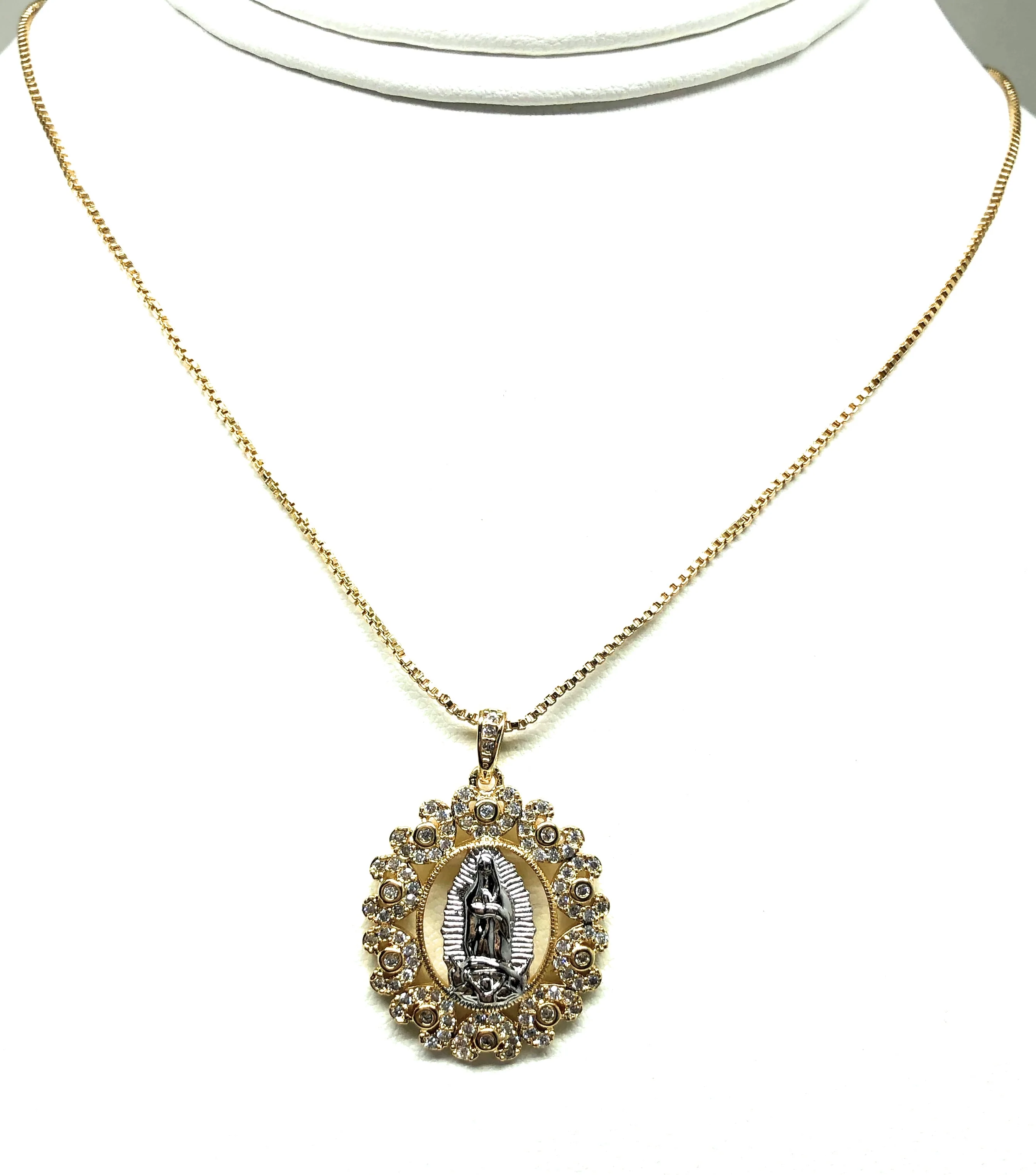 Gold Plated White Gold Virgin Mary Pendant Necklace CZ 20” Virgen de Guadalupe - Image 4