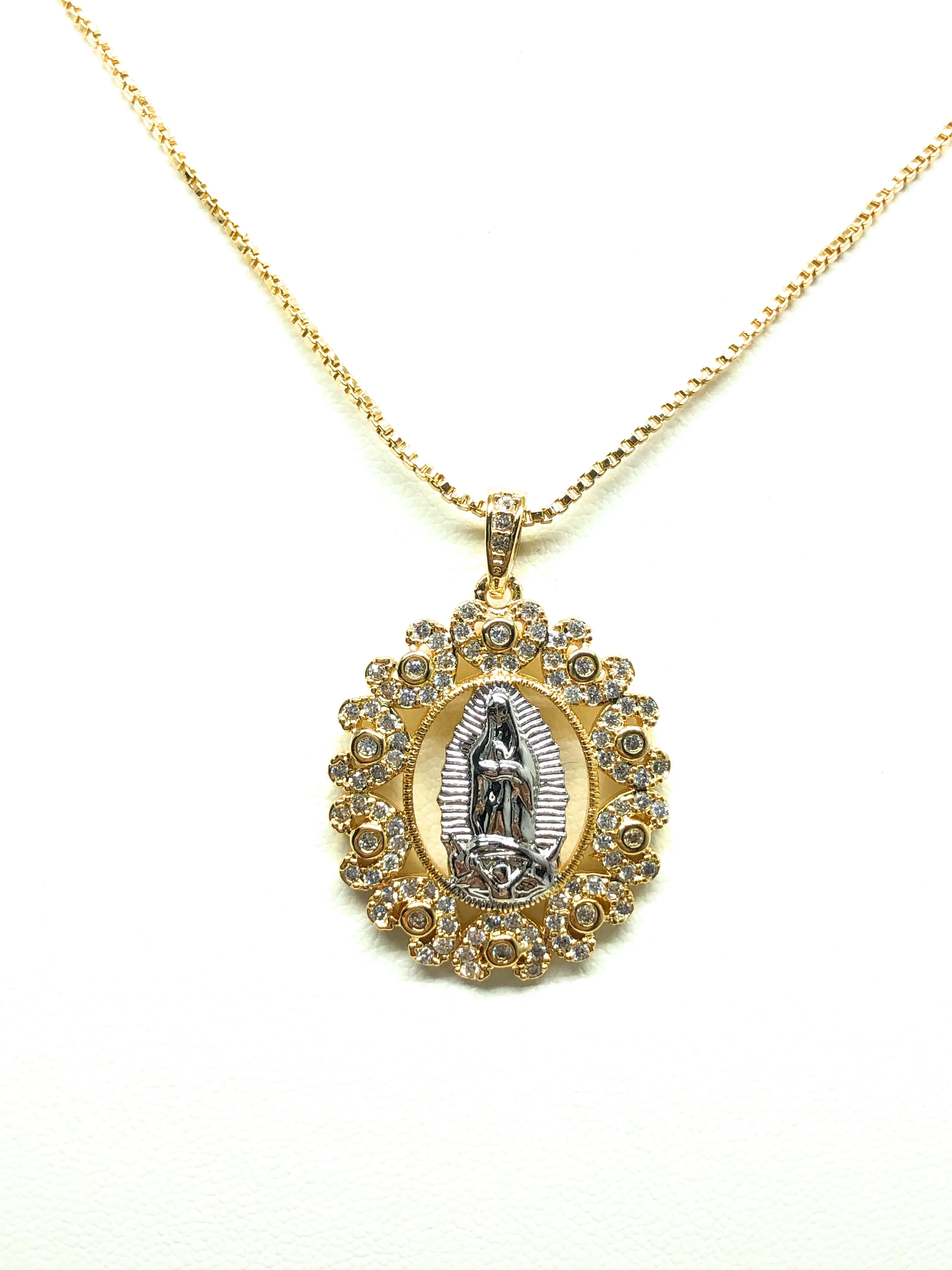 Gold Plated White Gold Virgin Mary Pendant Necklace CZ 20” Virgen de Guadalupe - Image 5