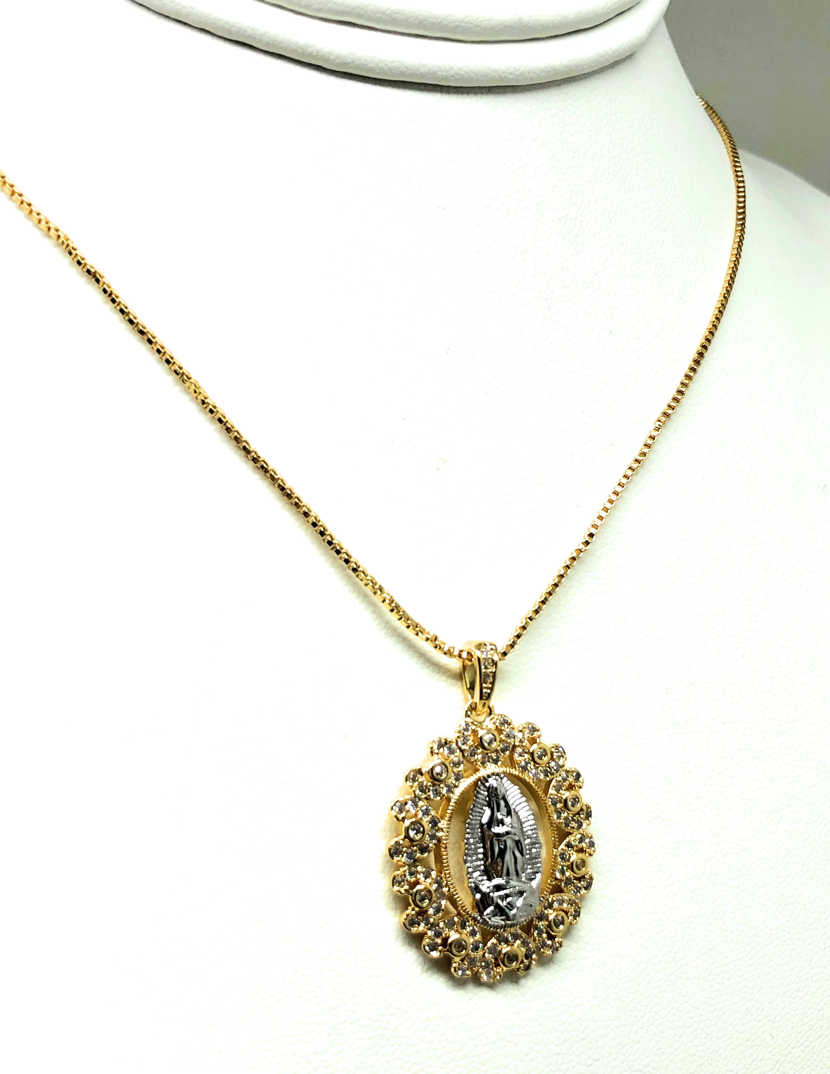 Gold Plated White Gold Virgin Mary Pendant Necklace CZ 20” Virgen de Guadalupe - Image 6