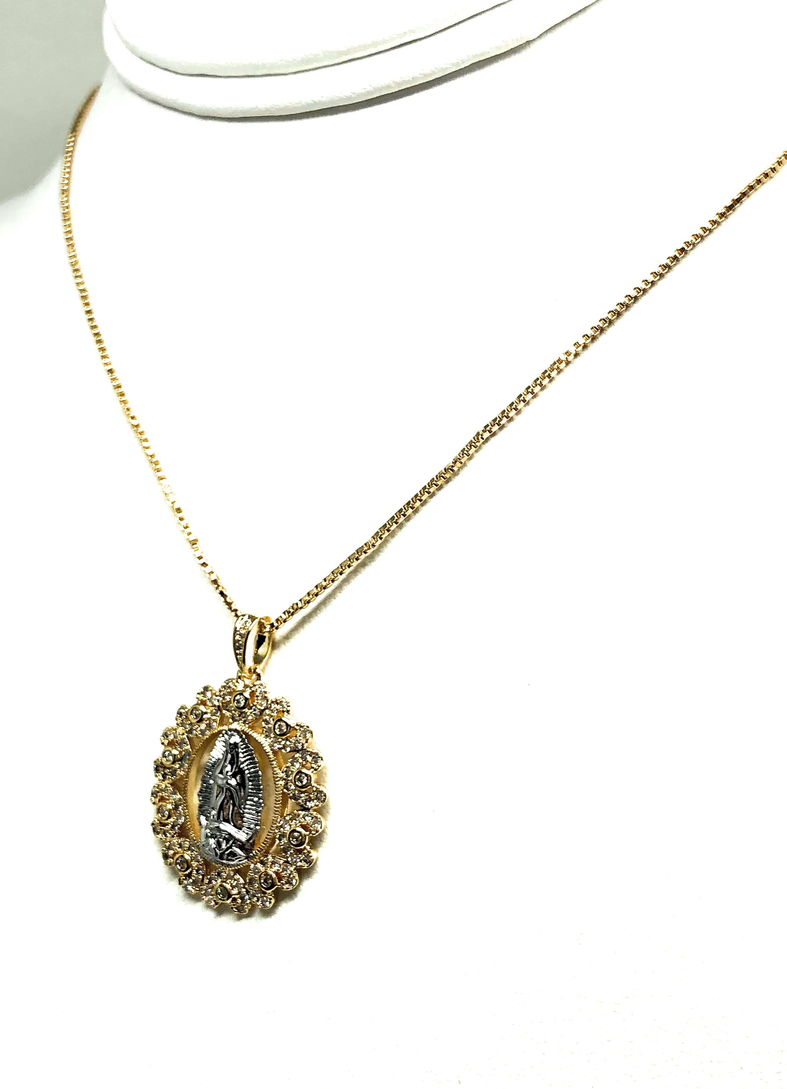 Gold Plated White Gold Virgin Mary Pendant Necklace CZ 20” Virgen de Guadalupe - Image 7