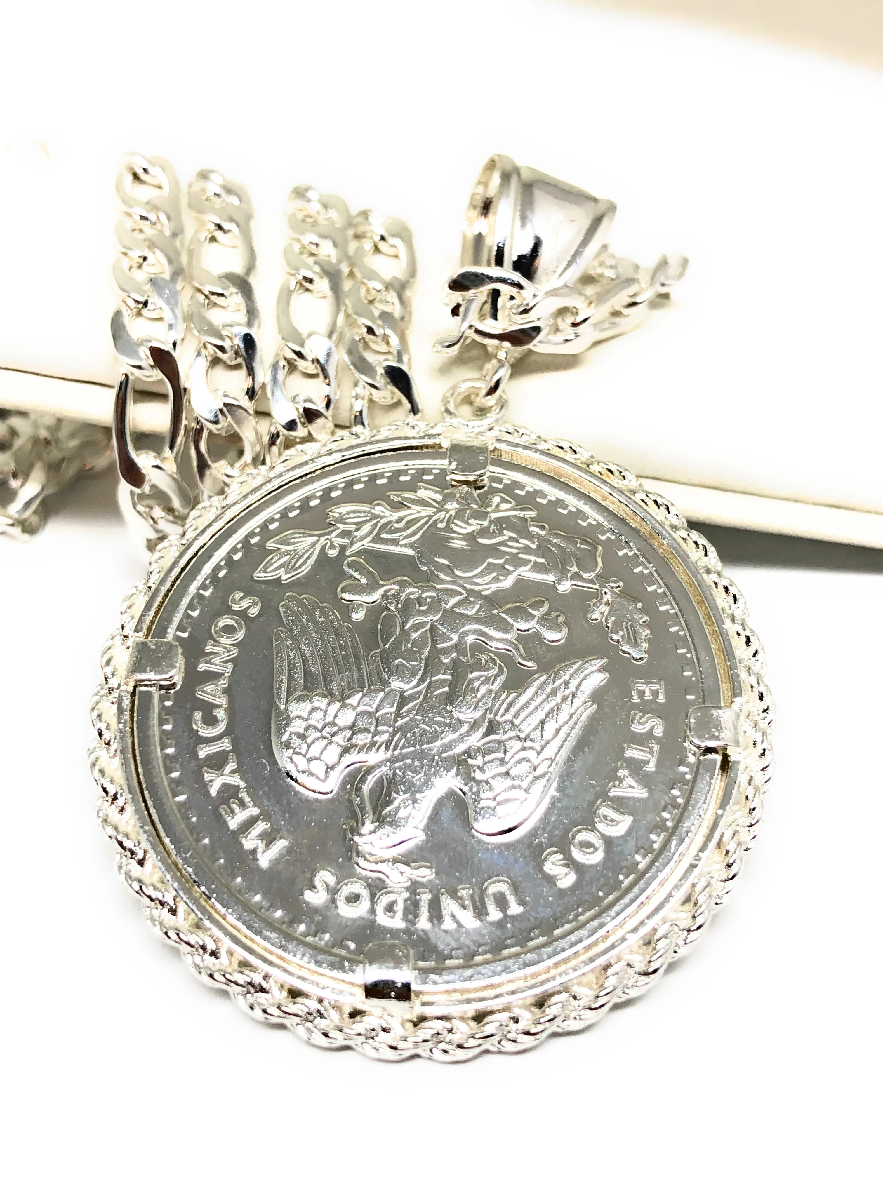 Gold Plated White Mexican Coin Centenario Mexicano Moneda 50 Pesos Pendant Chain 26" - Image 2