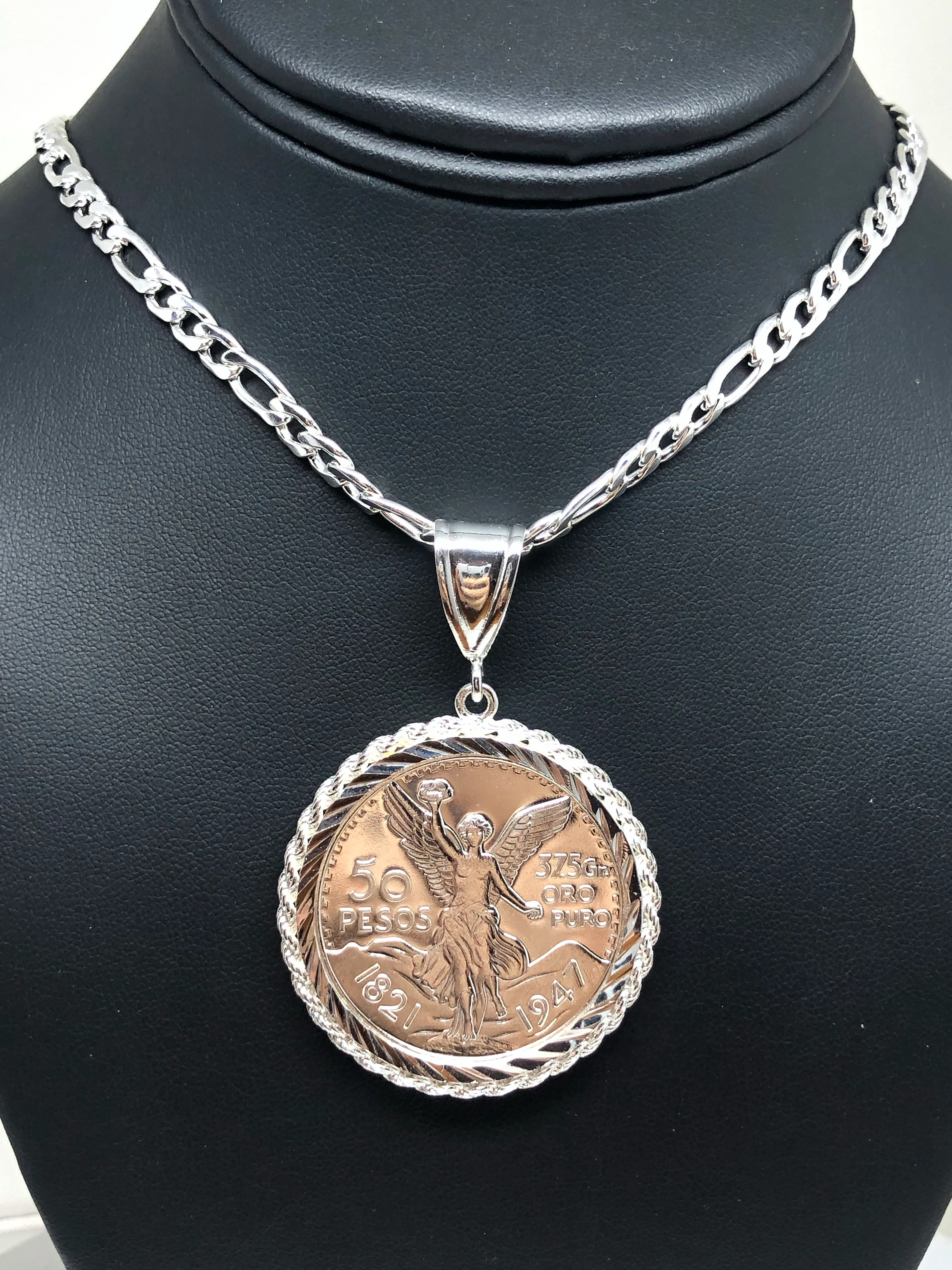 Gold Plated White Mexican Coin Centenario Mexicano Moneda 50 Pesos Pendant Chain 26" - Image 4