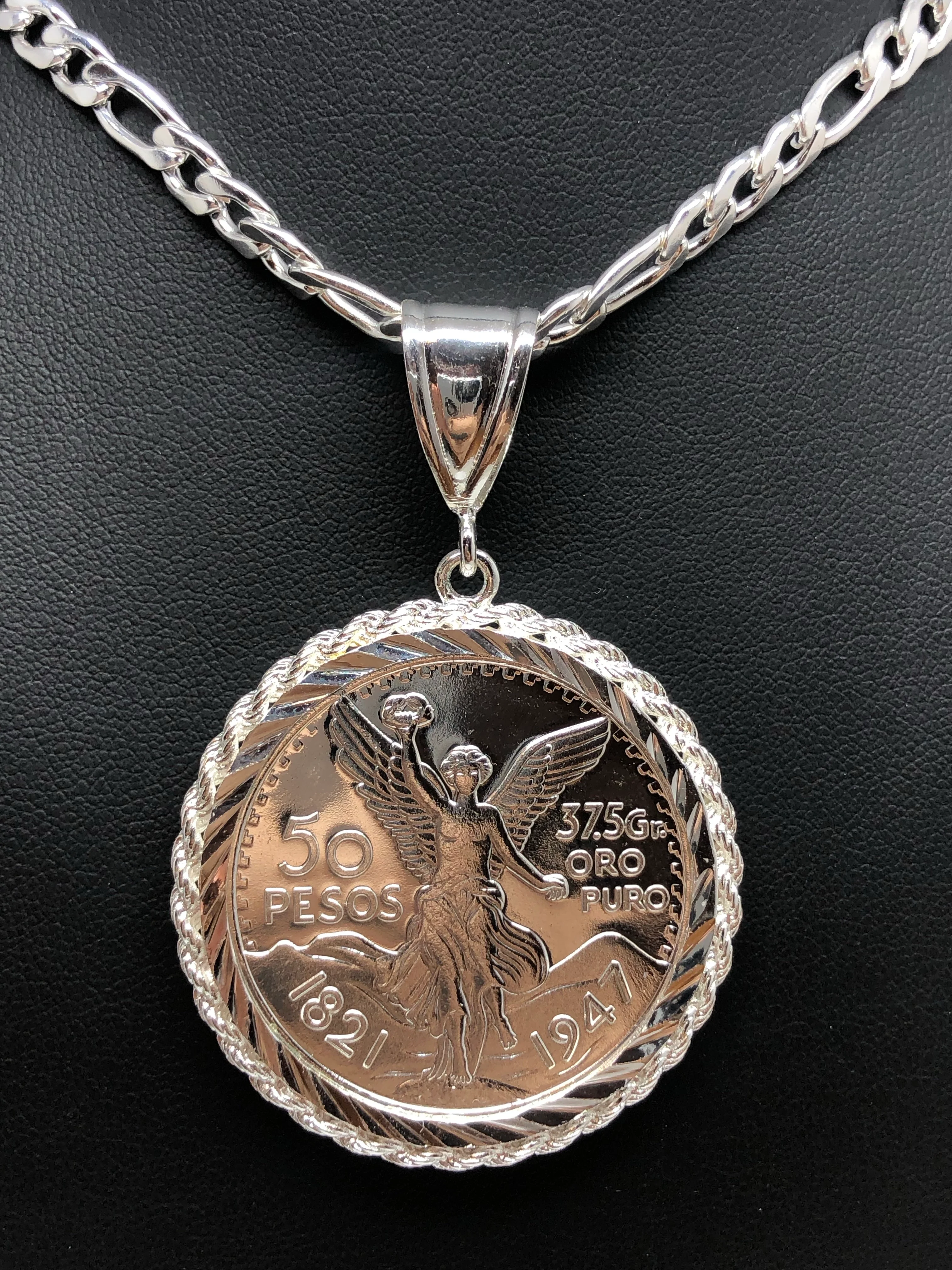 Gold Plated White Mexican Coin Centenario Mexicano Moneda 50 Pesos Pendant Chain 26" - Image 5
