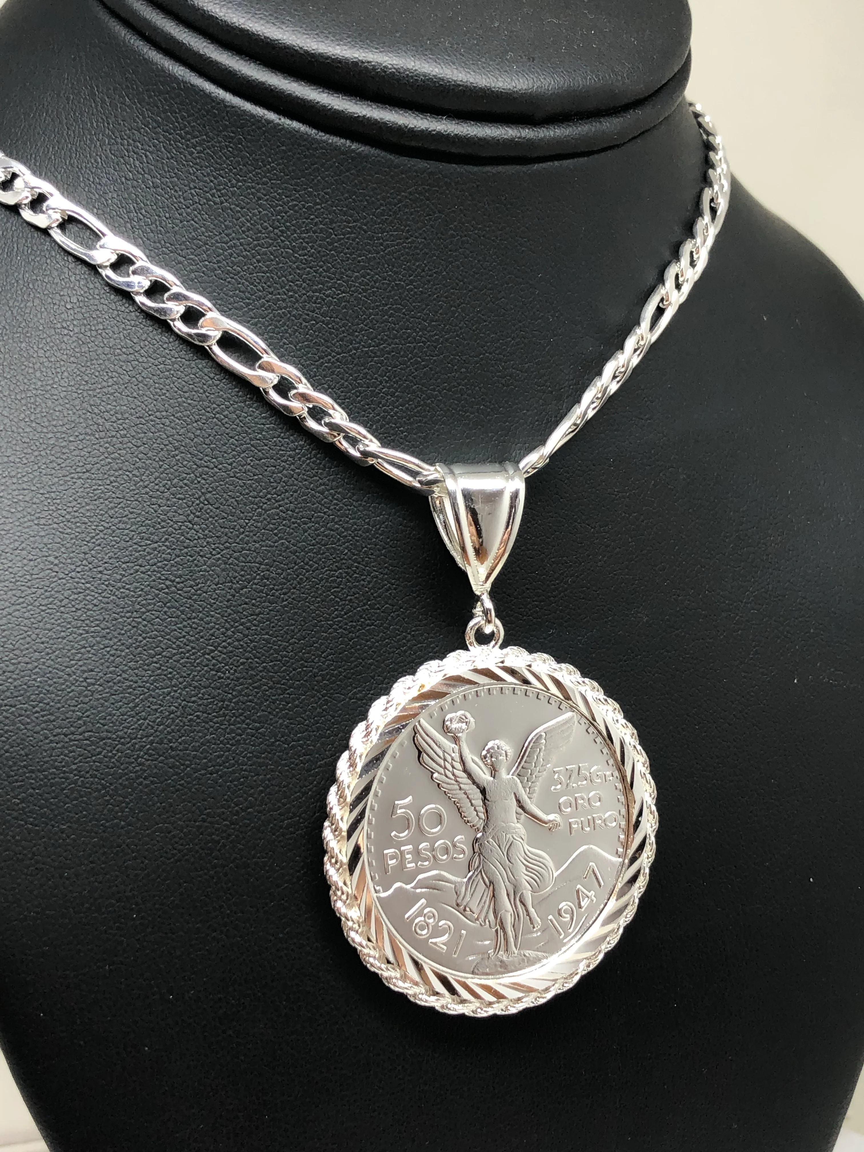 Gold Plated White Mexican Coin Centenario Mexicano Moneda 50 Pesos Pendant Chain 26" - Image 6