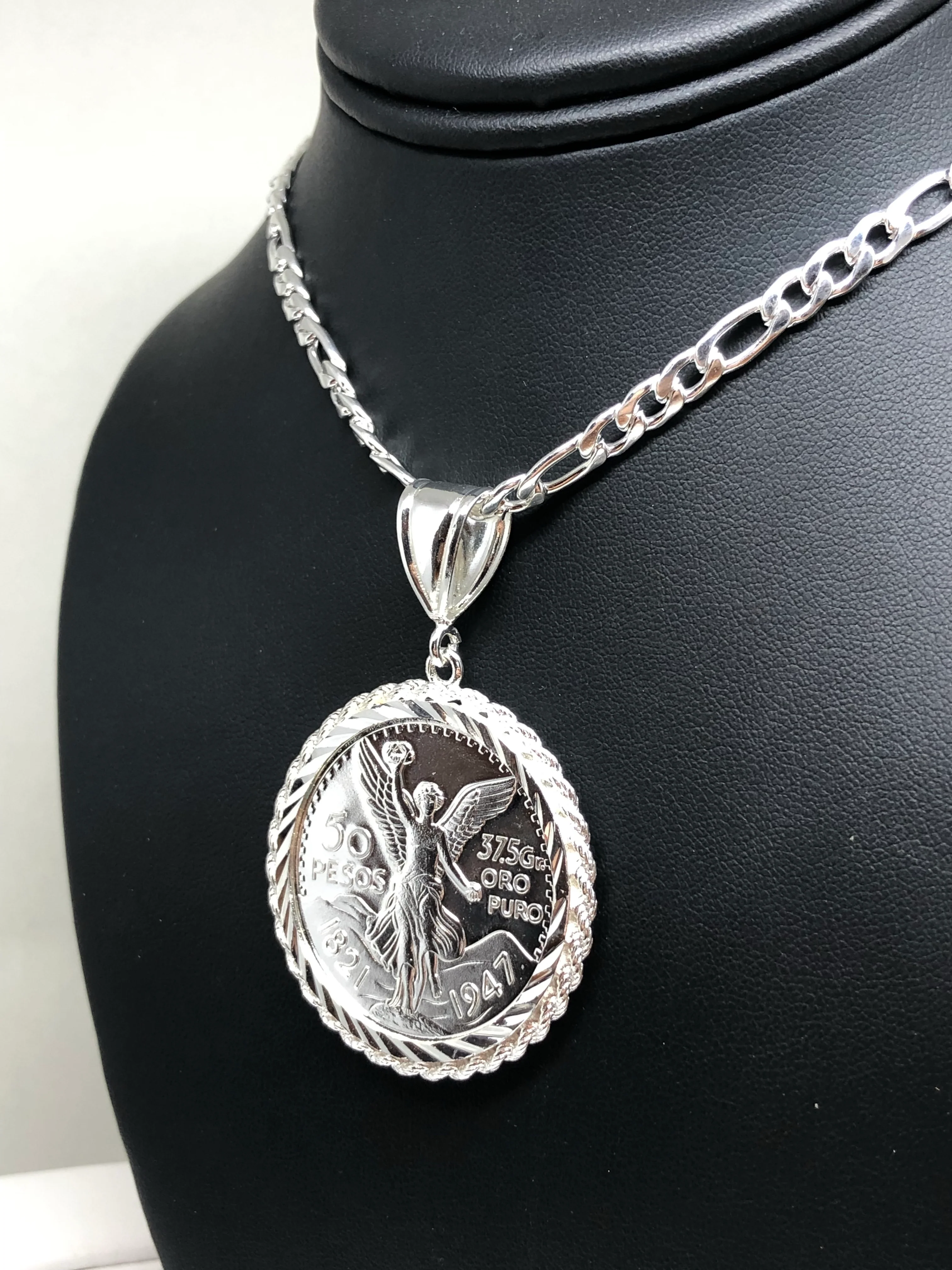 Gold Plated White Mexican Coin Centenario Mexicano Moneda 50 Pesos Pendant Chain 26" - Image 7