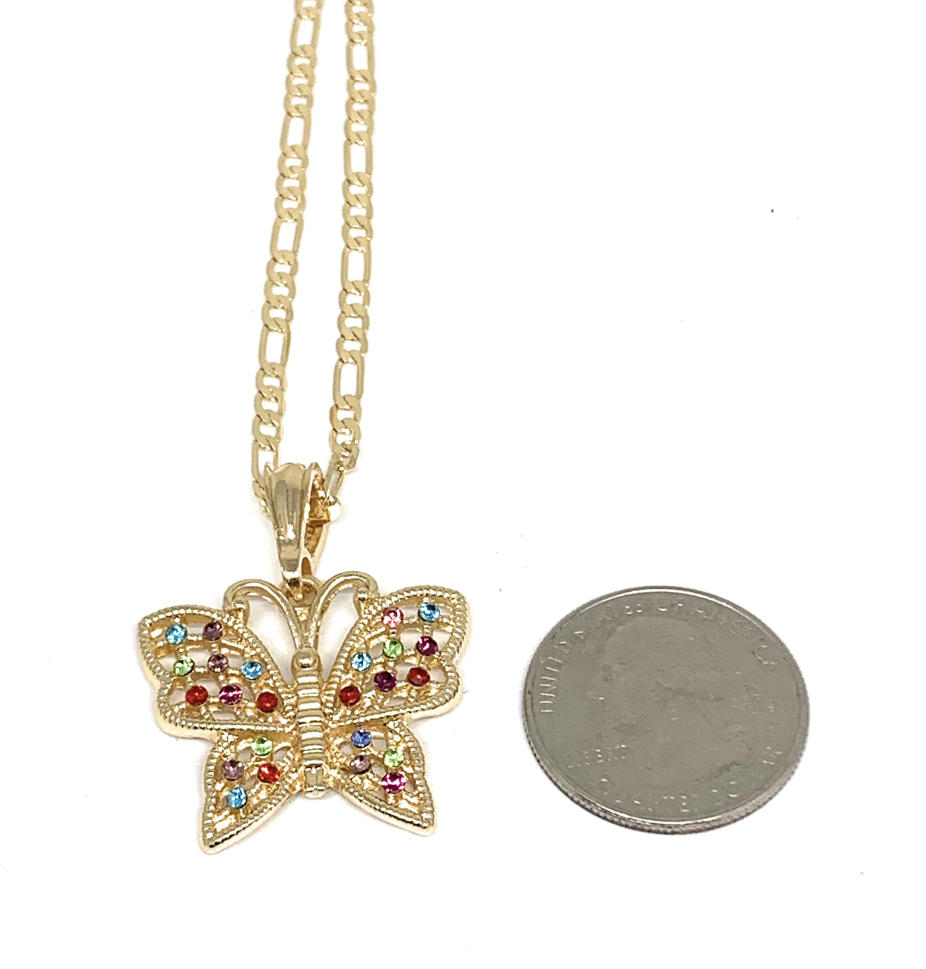 Gold Plated Yellow Colorful Rhinestone Butterfly Pendant Necklace Chain 24” - Image 2