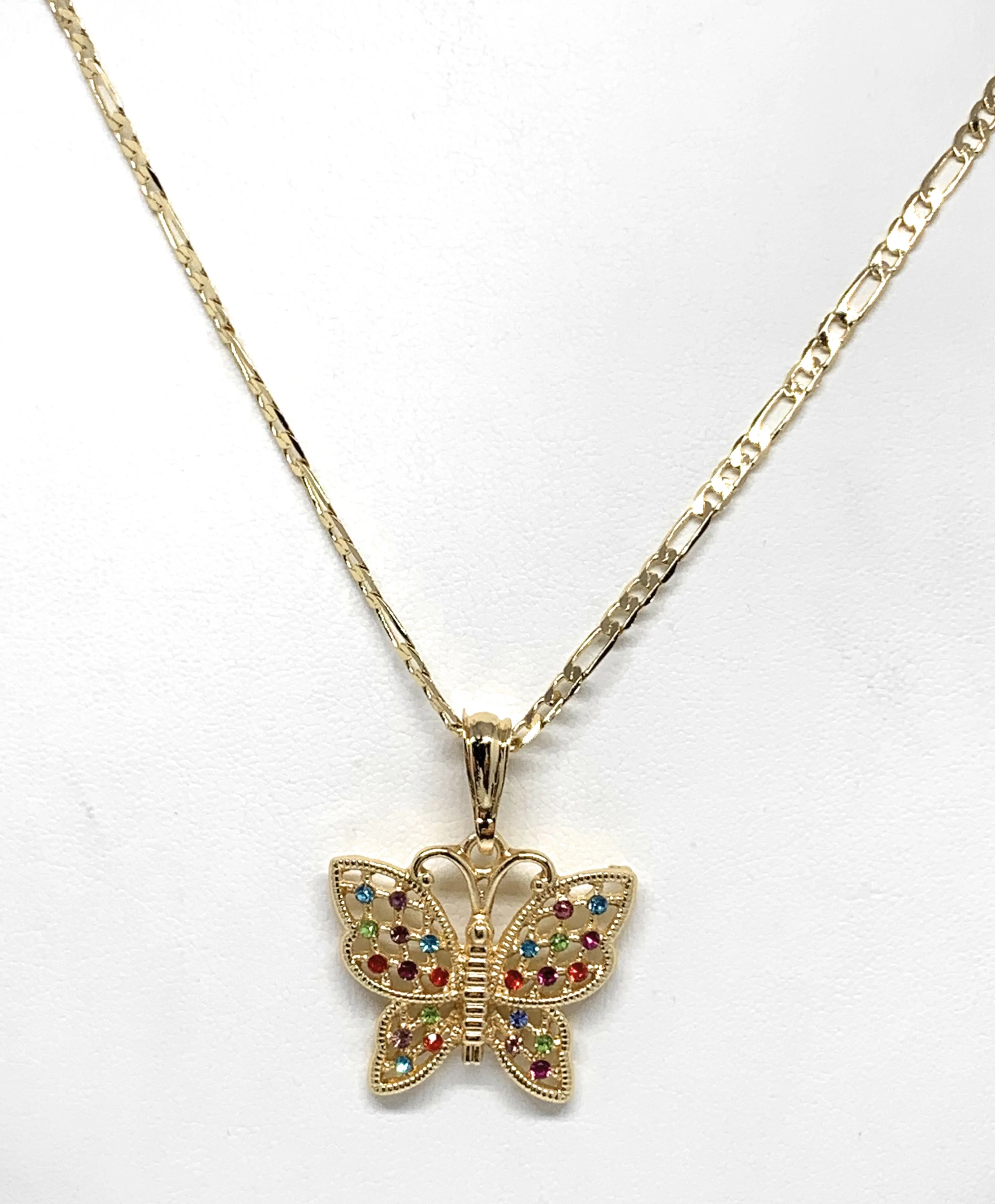 Gold Plated Yellow Colorful Rhinestone Butterfly Pendant Necklace Chain 24” - Image 3