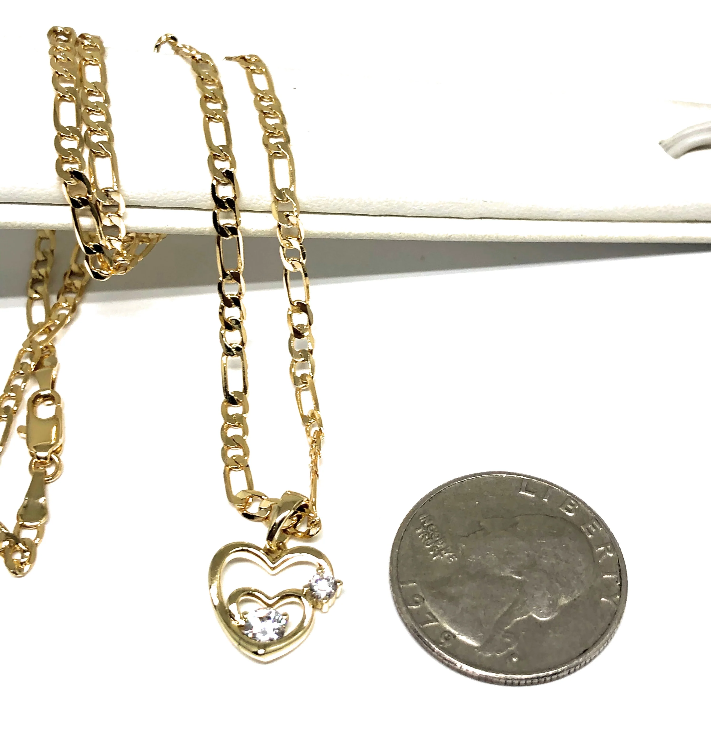 Gold Plated Yellow Dainty Double Heart CZ Pendant Necklace Chain 18” 3mm - Image 2