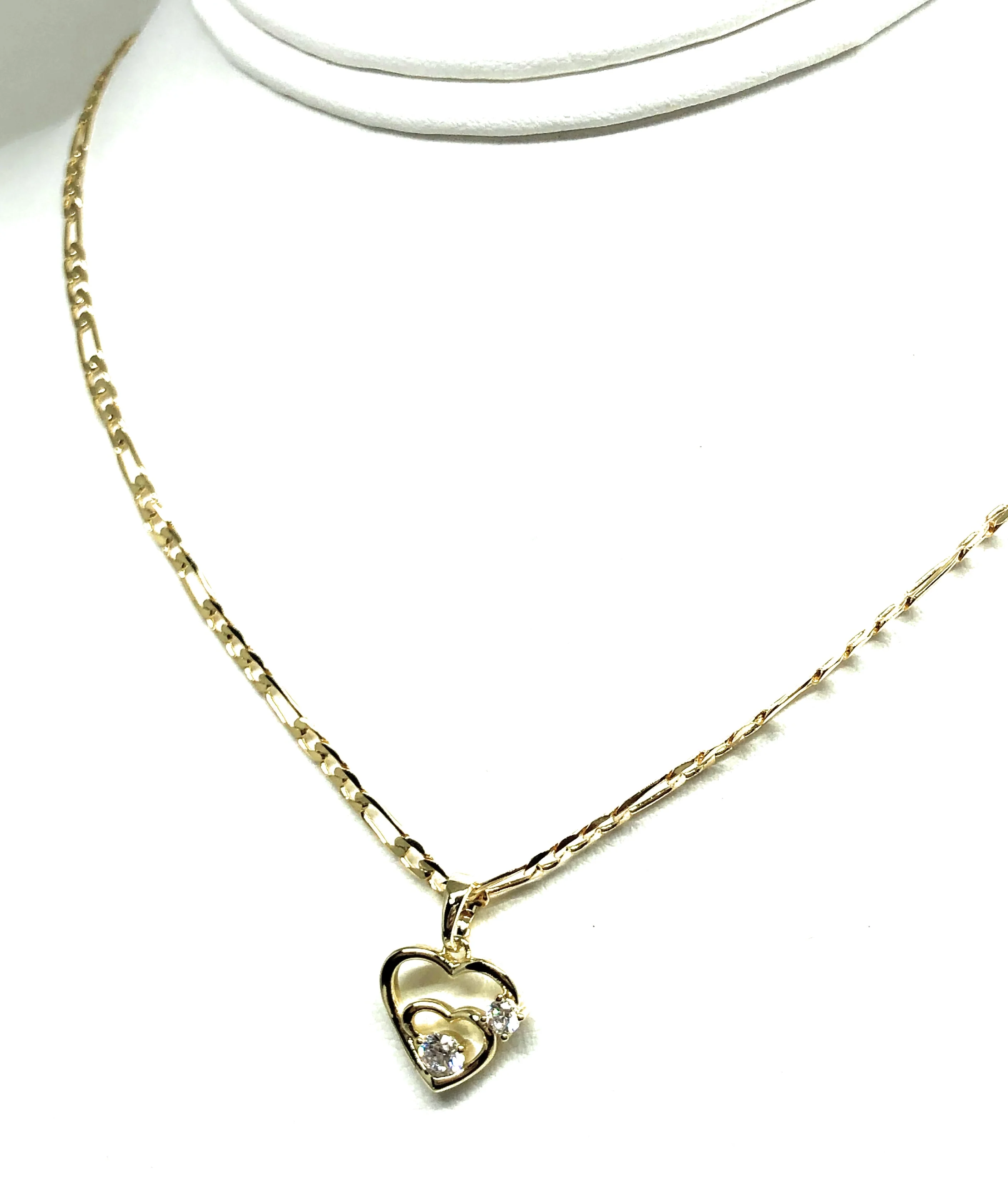 Gold Plated Yellow Dainty Double Heart CZ Pendant Necklace Chain 18” 3mm - Image 4