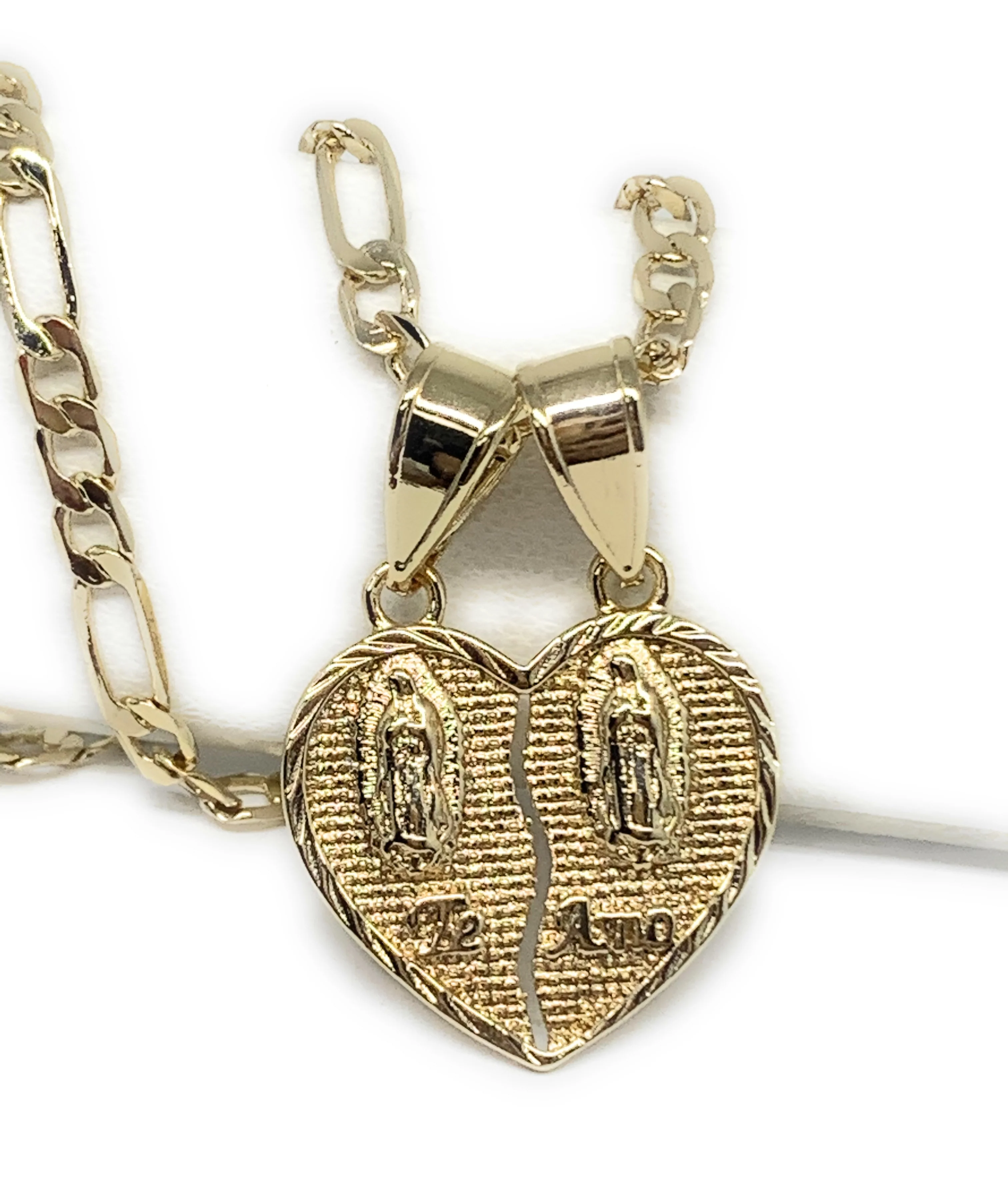 Gold Plated Yellow Double Virgin Mary "Te Amo" Heart Split Pendant Necklace 24" Virgen de Guadalupe