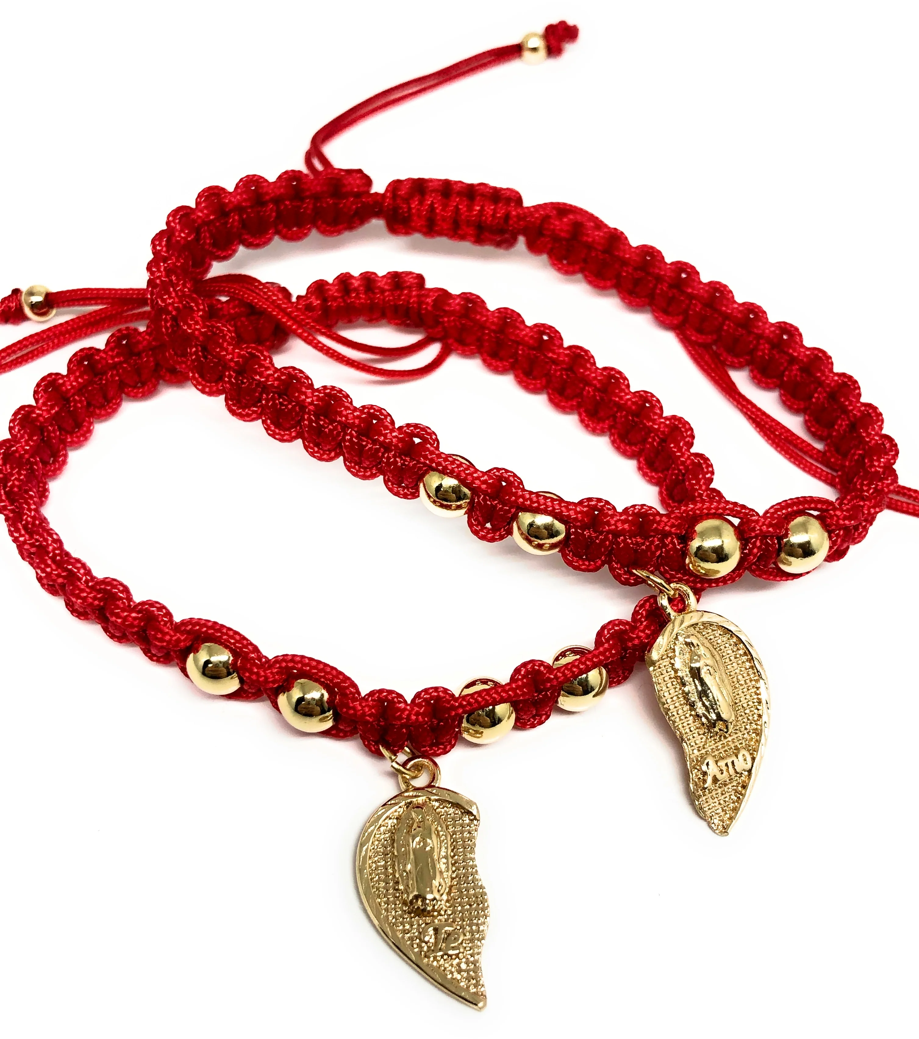Gold Plated Yellow Double Virgin Mary "Te Amo" Heart Split Pendant HAND BRAIDED ADJUSTABLE TWO BRACELET SET 7.5” - Image 3