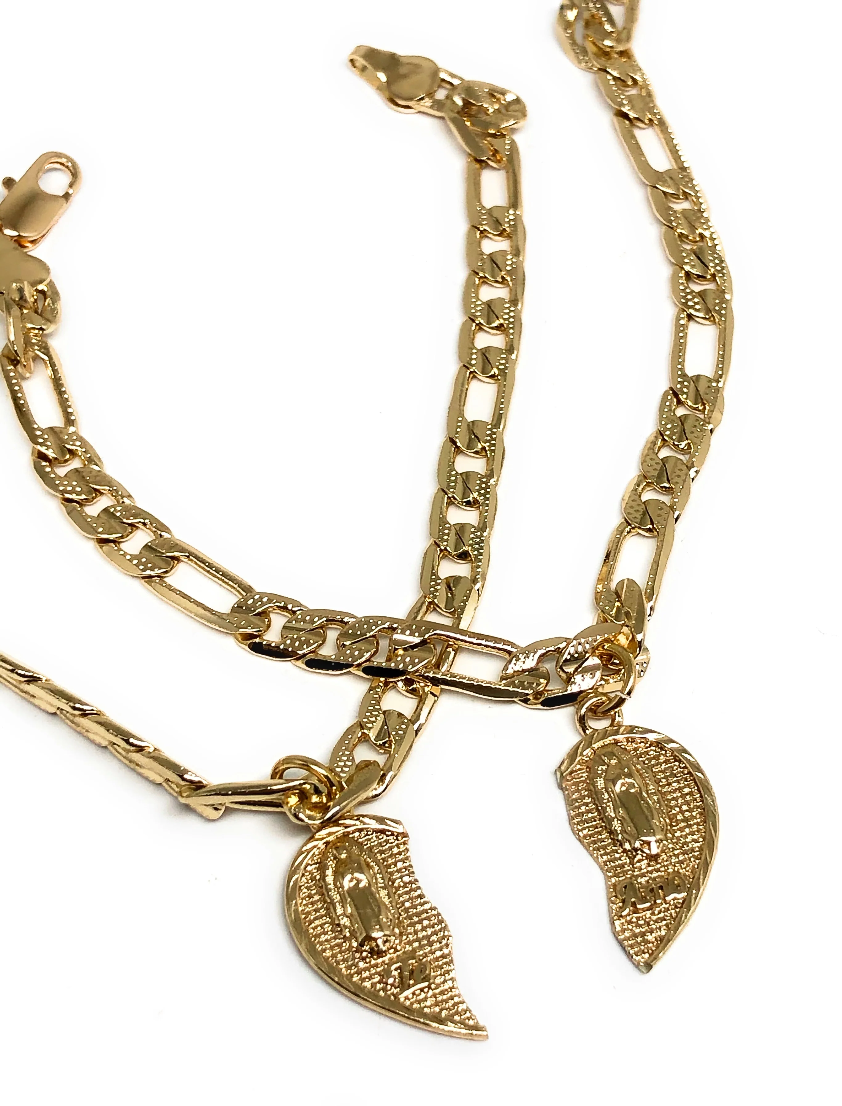 Gold Plated Yellow Double Virgin Mary "Te Amo" Heart Split Pendant TWO BRACELET SET 7.5” - Image 2