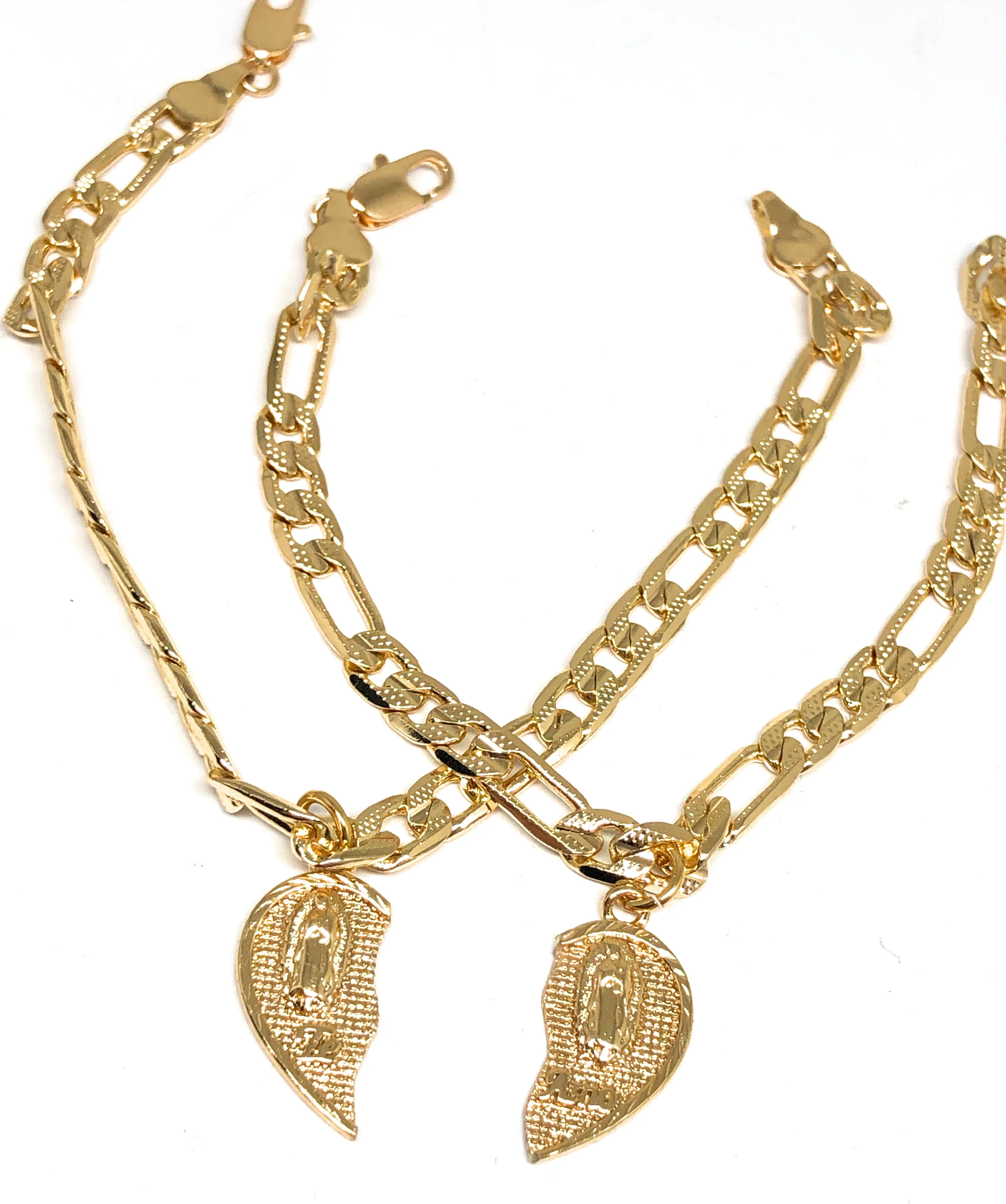Gold Plated Yellow Double Virgin Mary "Te Amo" Heart Split Pendant TWO BRACELET SET 7.5” - Image 4