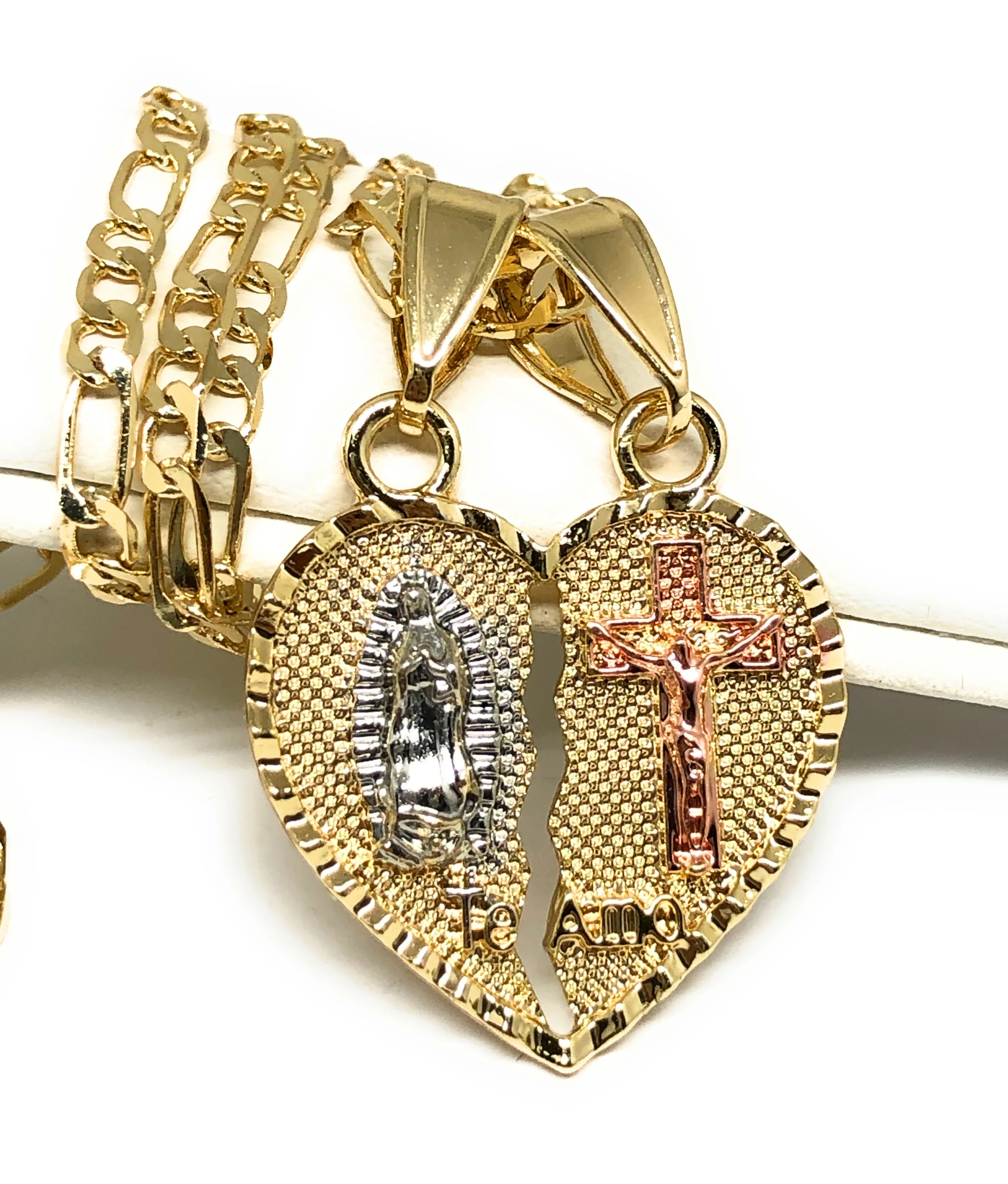 Gold Plated Yellow Virgin Mary Heart & Christ "Te Amo" Heart Split Pendant Necklace 24" Virgen de Guadalupe