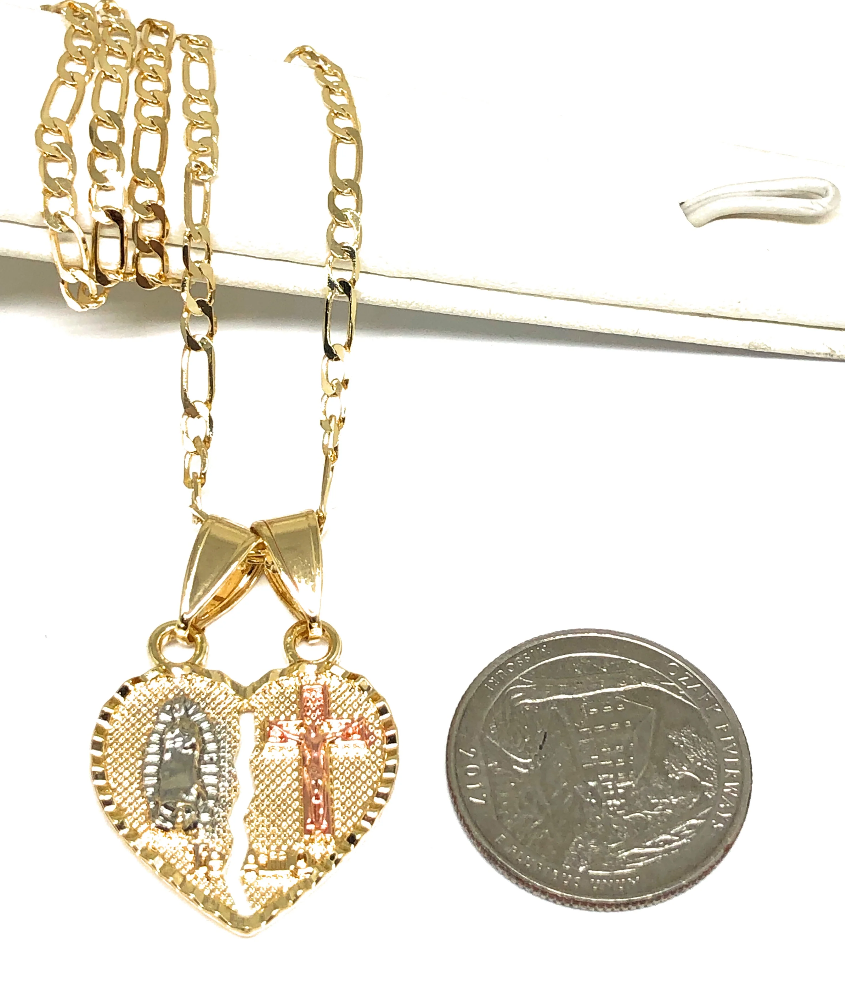 Gold Plated Yellow Virgin Mary Heart & Christ "Te Amo" Heart Split Pendant Necklace 24" Virgen de Guadalupe - Image 2