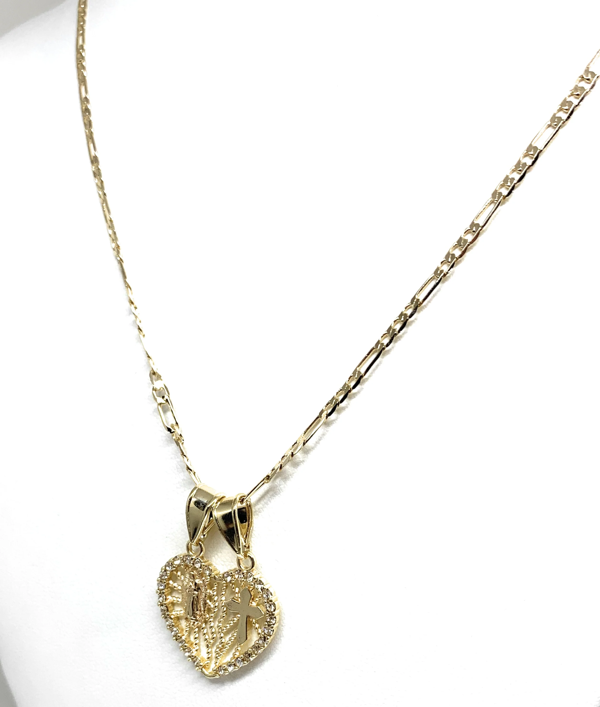 Gold Plated Yellow Virgin Mary Heart & Cross Heart Split Pendant Necklace 24" Virgen de Guadalupe - Image 4