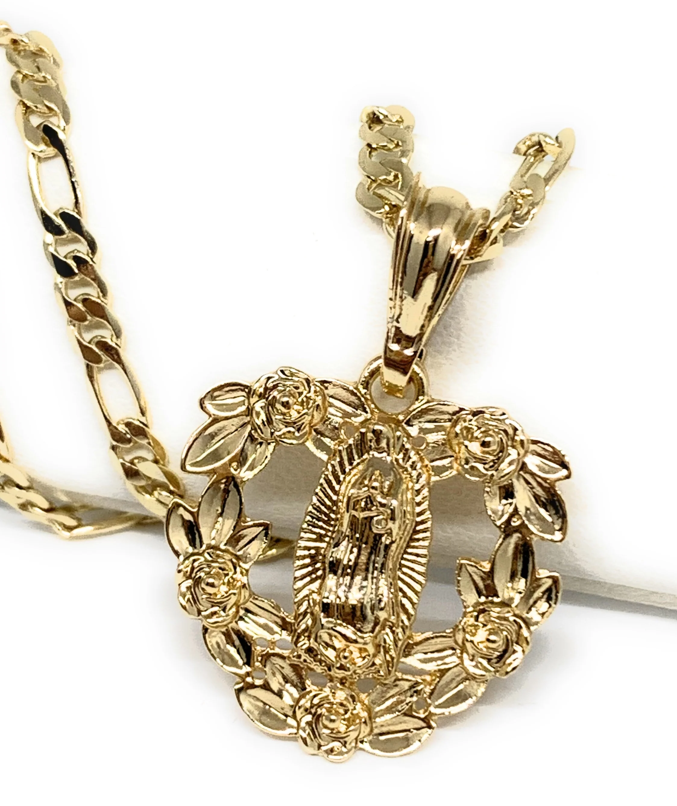 Gold Plated Yellow Virgin Mary Heart Flower Pendant Necklace 24" Virgen de Guadalupe Medallas