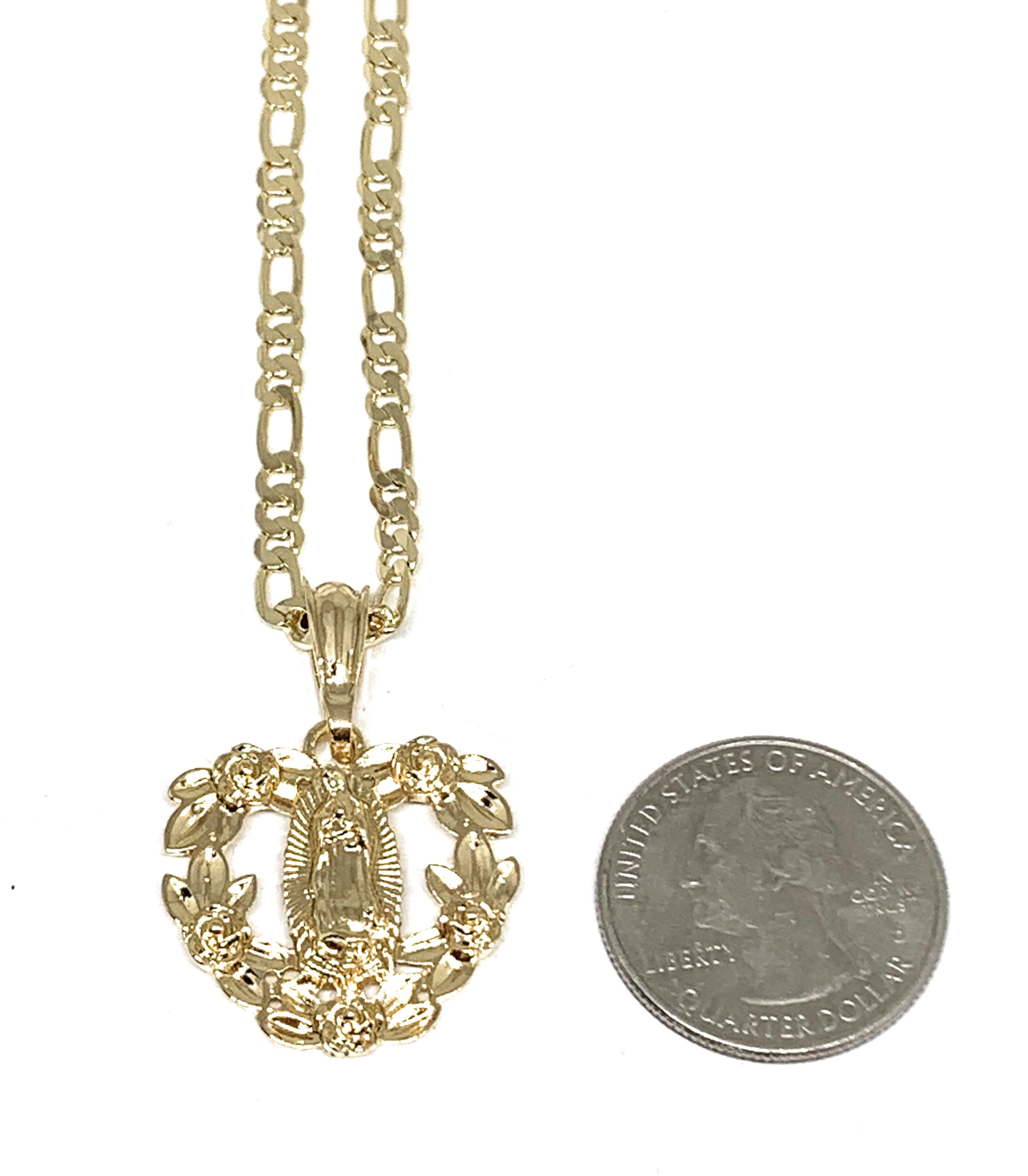 Gold Plated Yellow Virgin Mary Heart Flower Pendant Necklace 24" Virgen de Guadalupe Medallas - Image 2