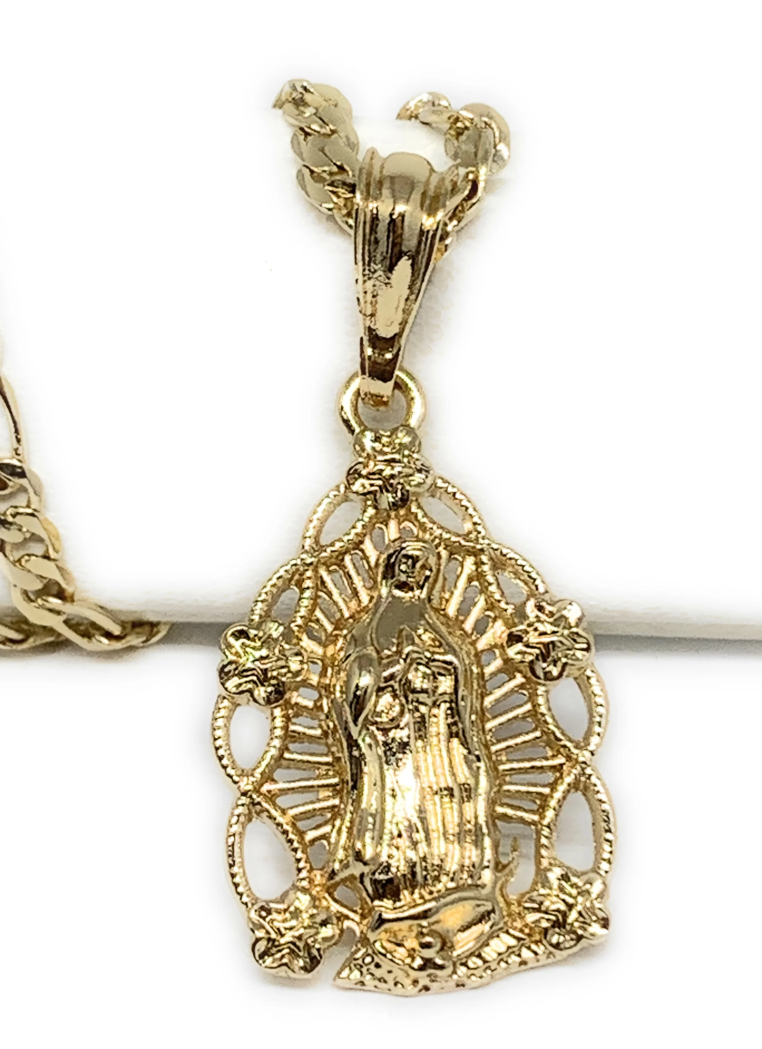 Gold Plated Yellow Virgin Mary Oval Flower Pendant Necklace 24" Virgen de Guadalupe