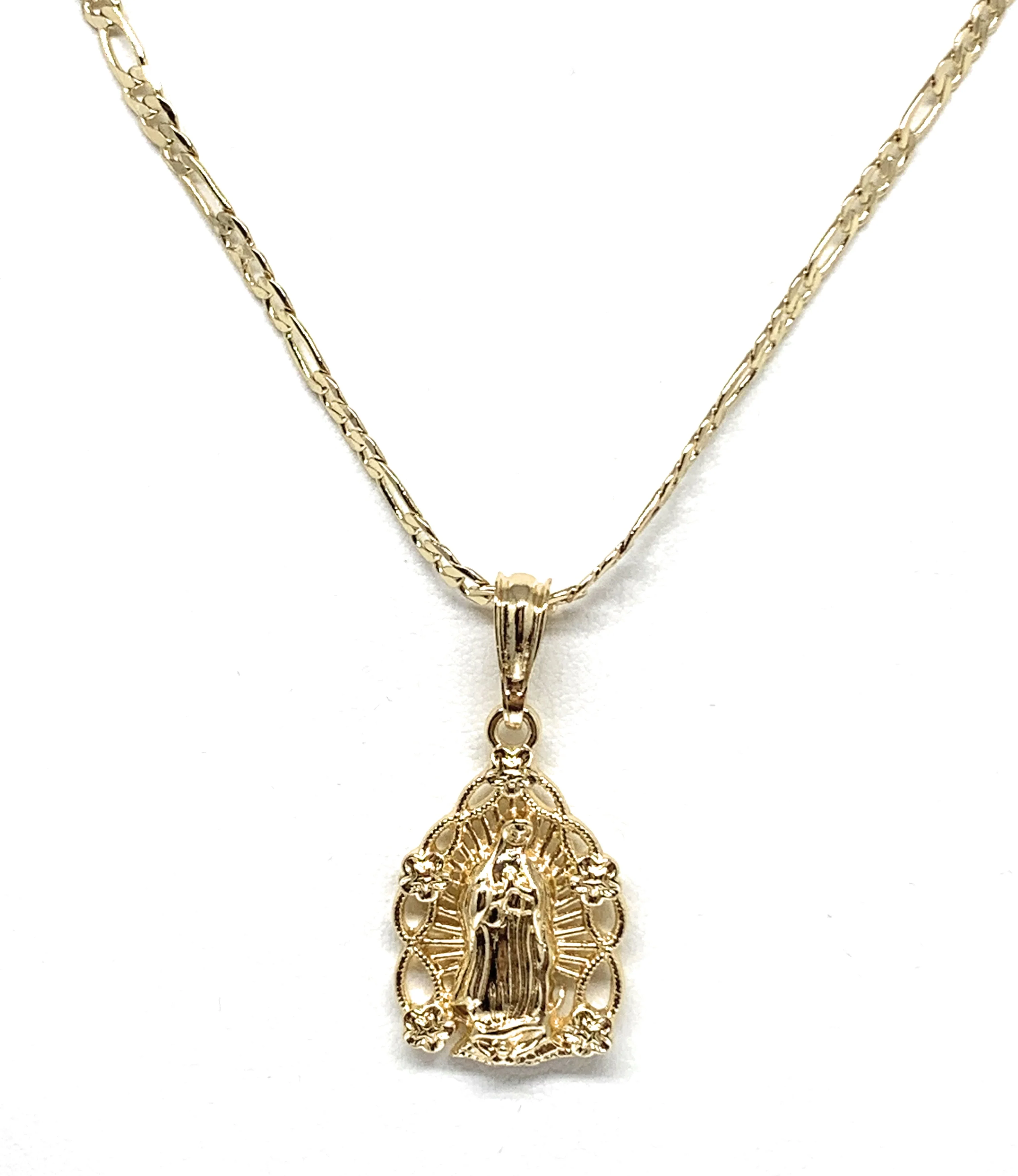 Gold Plated Yellow Virgin Mary Oval Flower Pendant Necklace 24" Virgen de Guadalupe - Image 2