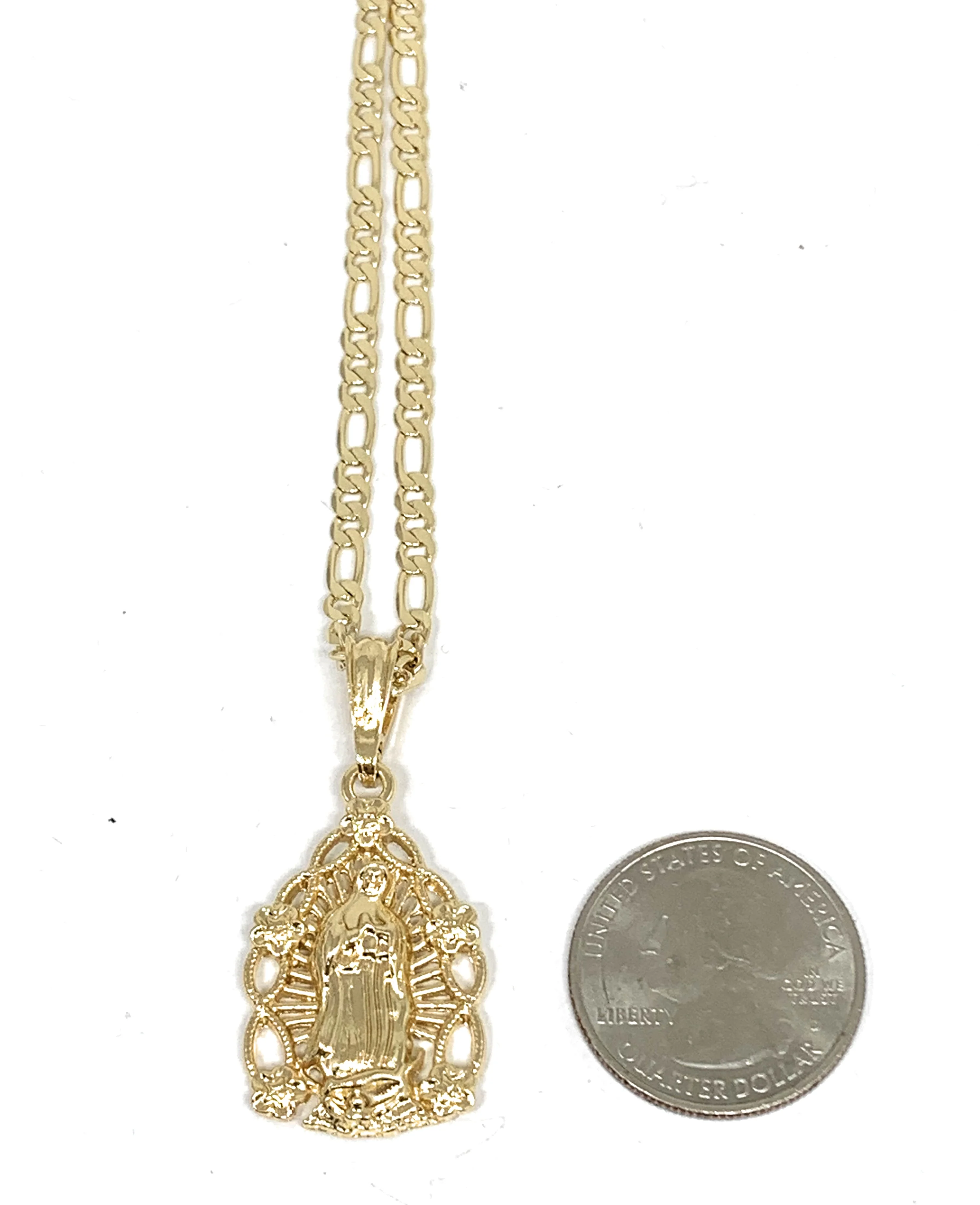 Gold Plated Yellow Virgin Mary Oval Flower Pendant Necklace 24" Virgen de Guadalupe - Image 3