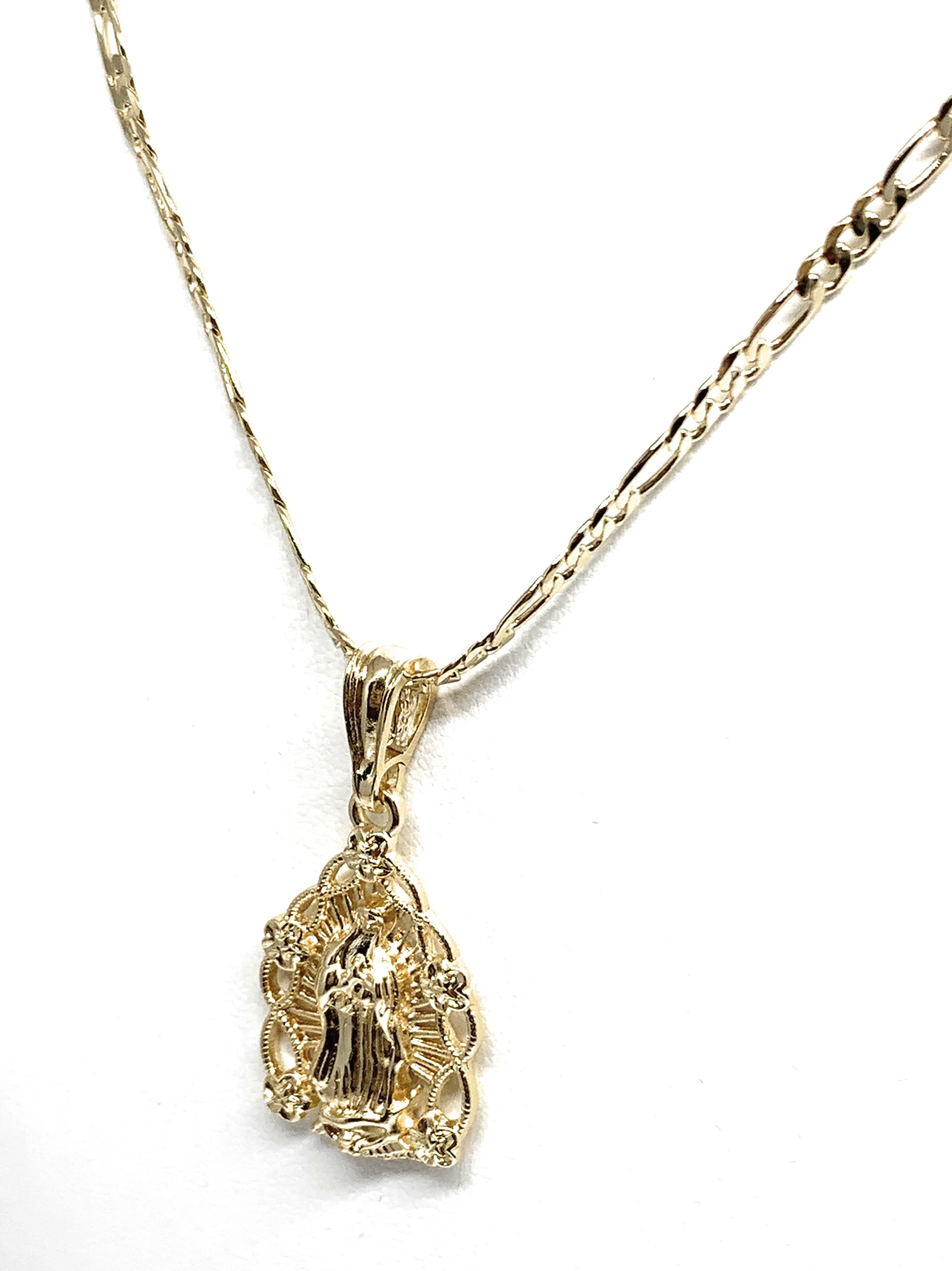 Gold Plated Yellow Virgin Mary Oval Flower Pendant Necklace 24" Virgen de Guadalupe - Image 5