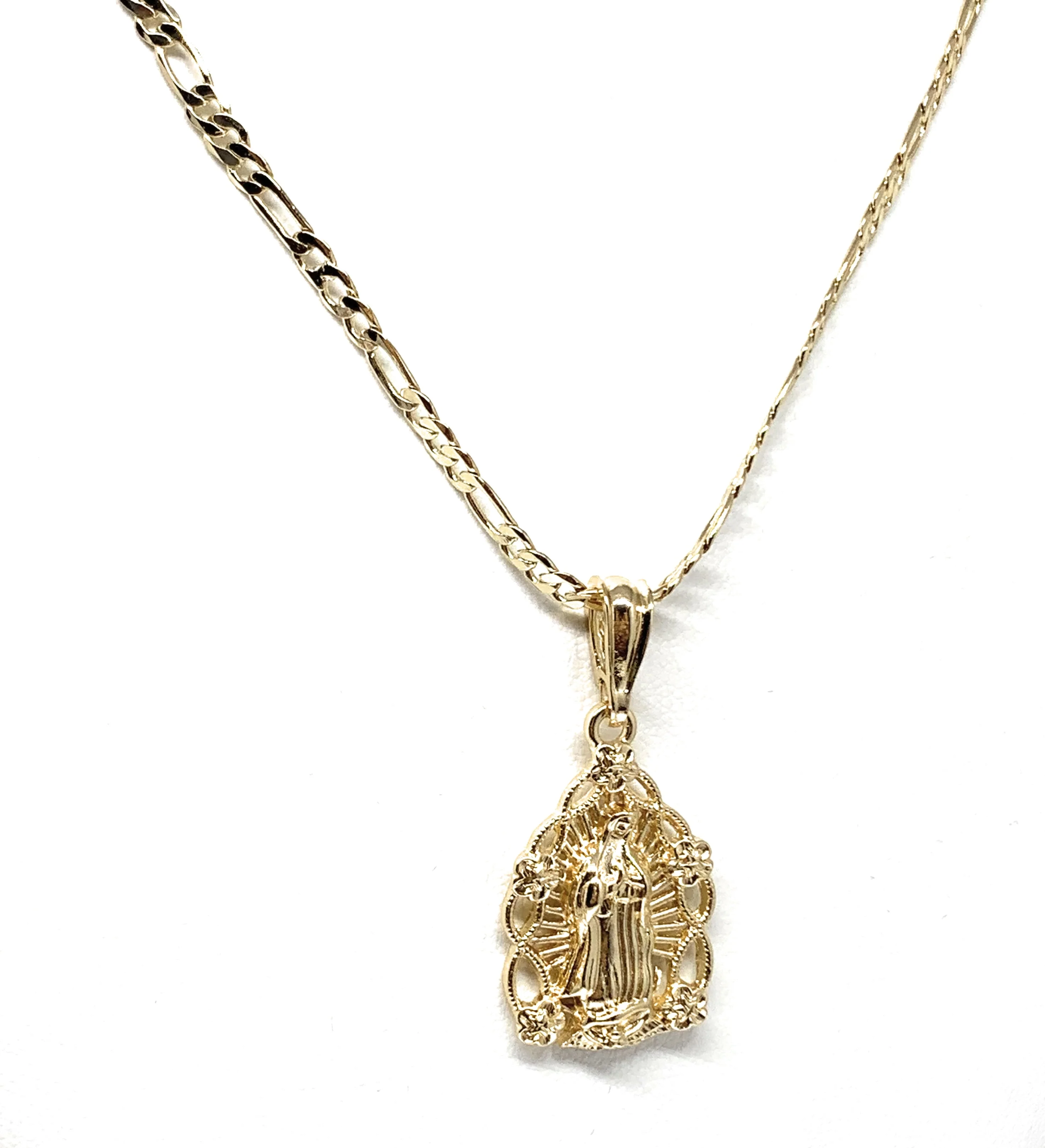 Gold Plated Yellow Virgin Mary Oval Flower Pendant Necklace 24" Virgen de Guadalupe - Image 6