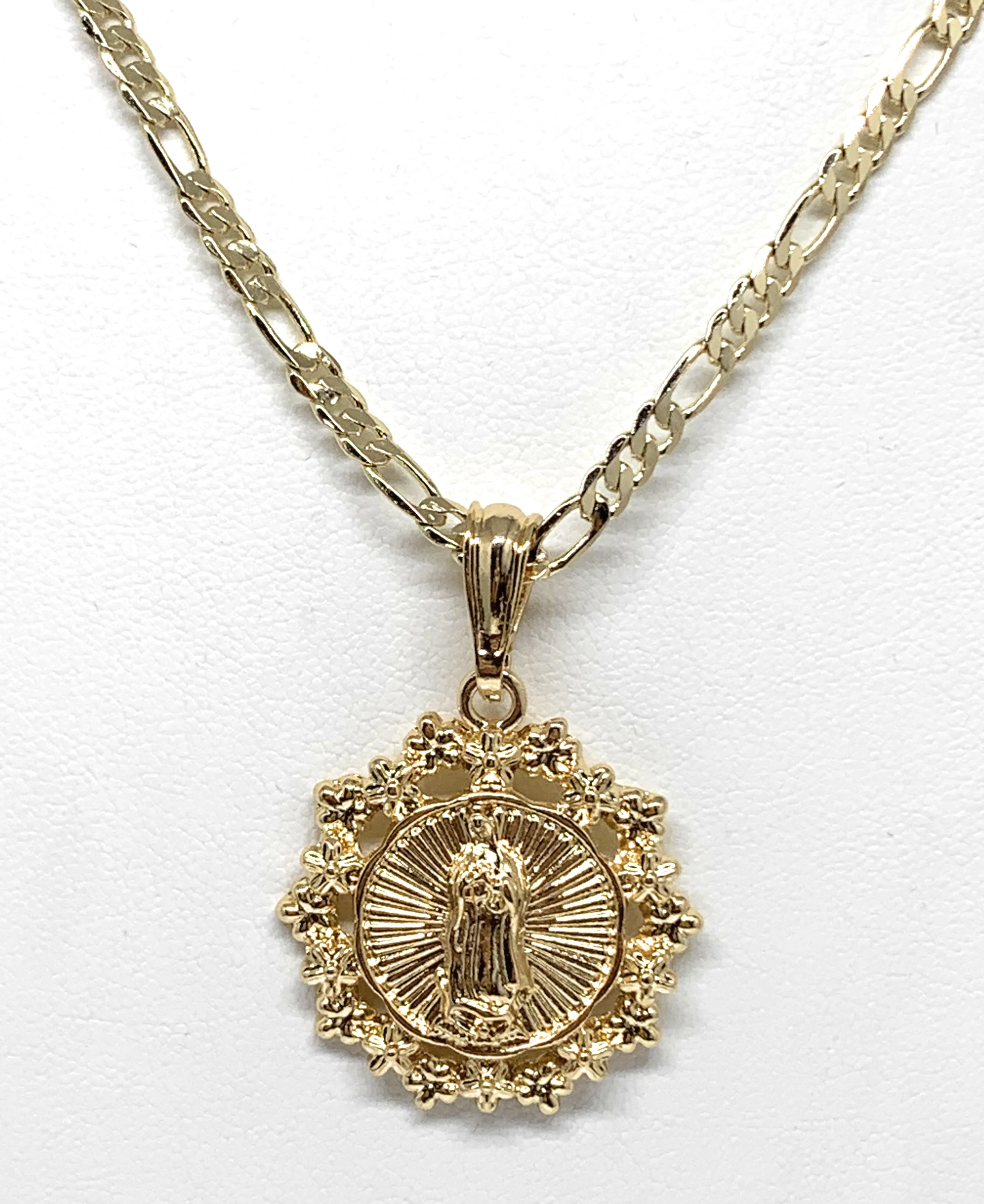 Gold Plated Yellow Virgin Mary Round Flower Pendant Necklace 24" Virgen de Guadalupe - Image 3