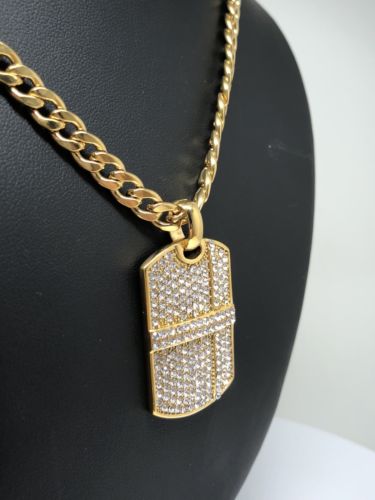 Hip Hop Gold Plated Iced Out CZ Dog Tag Army Pendant 30" Cuban Link Chain 7mm - Image 8