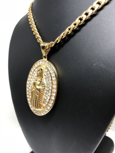 Hip Hop Gold Plated Iced Out Guadalupe Virgin Mary Pendant 30" Cuban Link Chain - Image 10