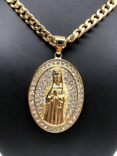 Hip Hop Gold Plated Iced Out Guadalupe Virgin Mary Pendant 30" Cuban Link Chain - Image 5