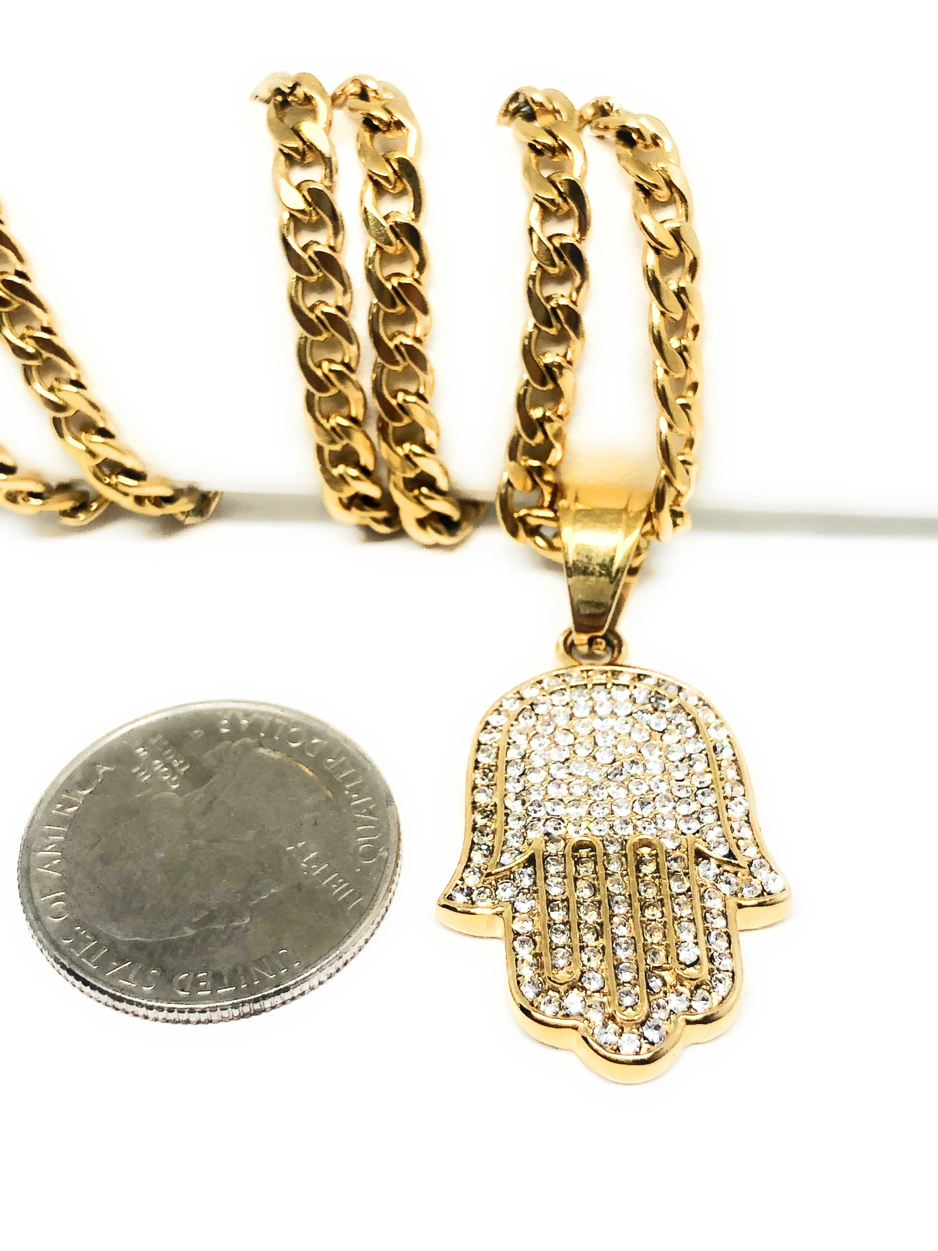 Iced Out Gold Plated Micro Hamsa Hand CZ Pendant Necklace 30” Cuban Link Chain - Image 3