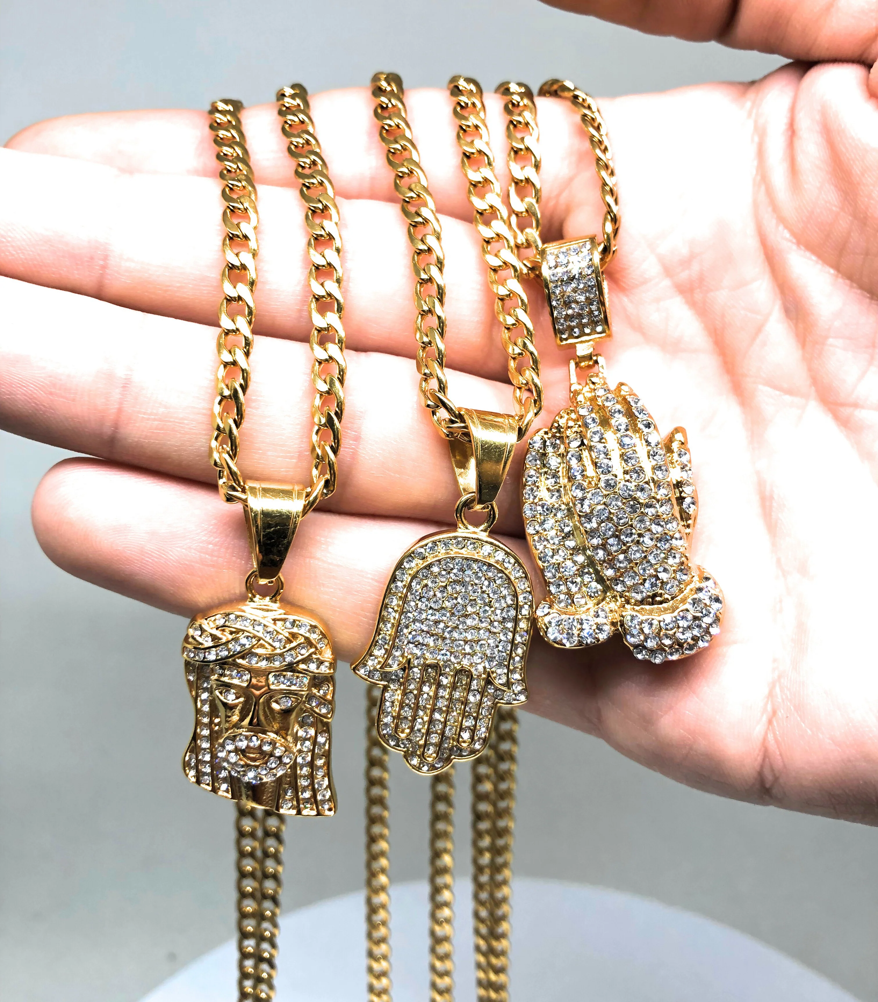 Iced Out Gold Plated Micro Hamsa Hand CZ Pendant Necklace 30” Cuban Link Chain - Image 4