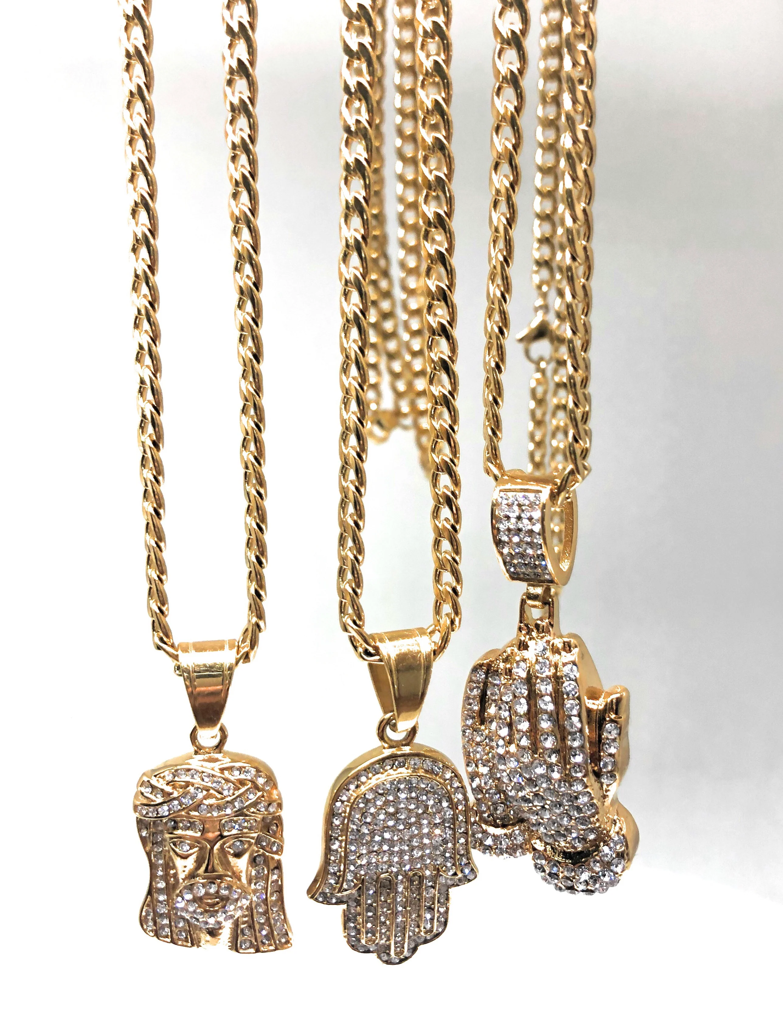 Iced Out Gold Plated Micro Hamsa Hand CZ Pendant Necklace 30” Cuban Link Chain - Image 5