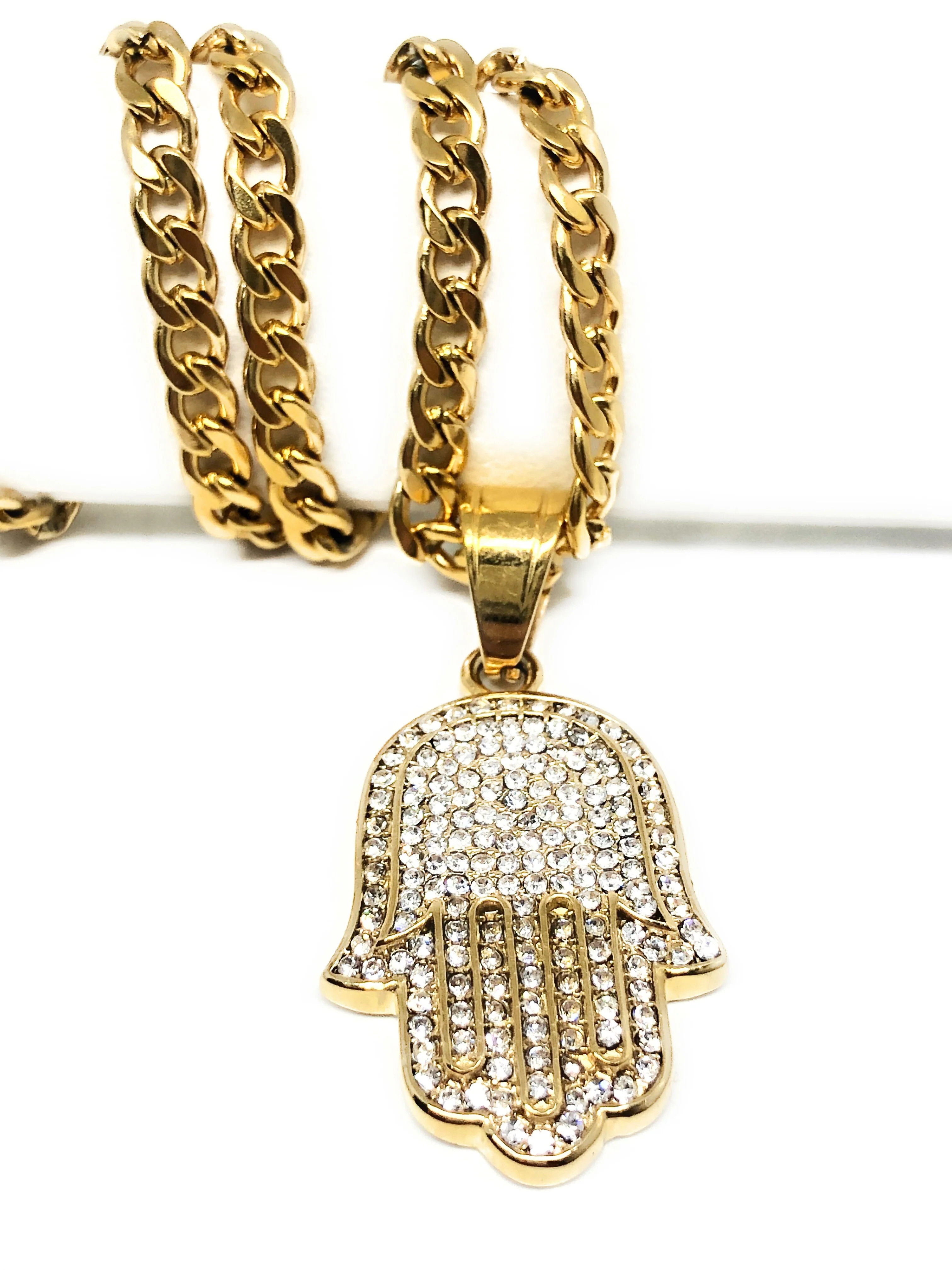 Iced Out Gold Plated Micro Hamsa Hand CZ Pendant Necklace 30” Cuban Link Chain - Image 6
