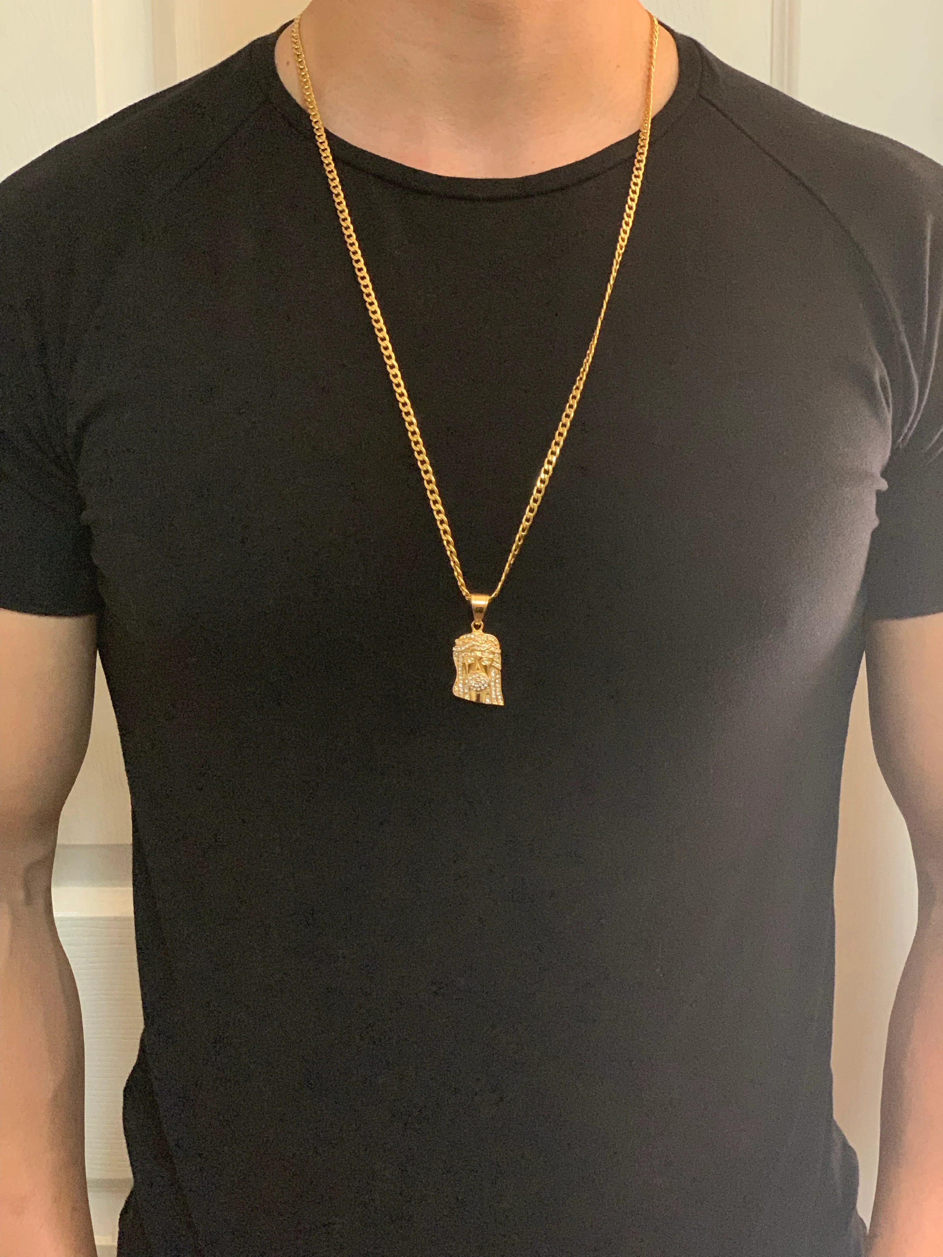 Iced Out Gold Plated Micro Jesus Face CZ Pendant Necklace 30” Cuban Link Chain - Image 11