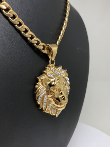 Iced Out Hip Hop Gold Plated Lion Face Head CZ Pendant 30" Cuban Link Chain 7mm - Image 10
