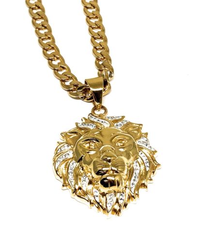 Iced Out Hip Hop Gold Plated Lion Face Head CZ Pendant 30" Cuban Link Chain 7mm - Image 3