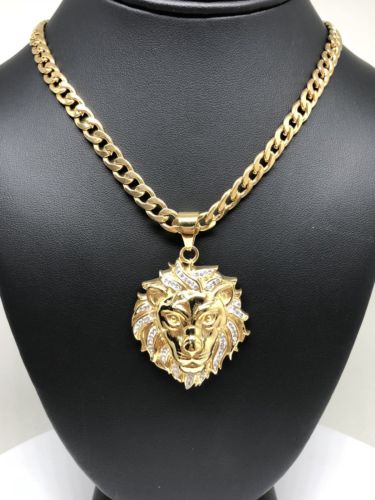 Iced Out Hip Hop Gold Plated Lion Face Head CZ Pendant 30" Cuban Link Chain 7mm - Image 4
