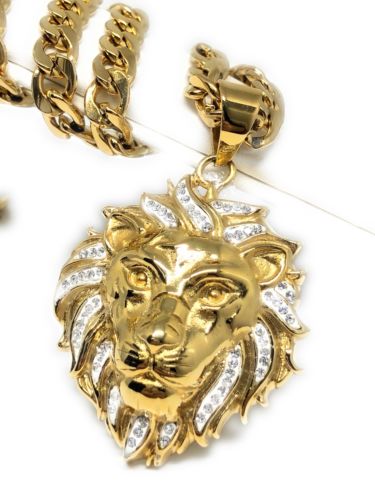 Iced Out Hip Hop Gold Plated Lion Face Head CZ Pendant 30" Cuban Link Chain 7mm - Image 5